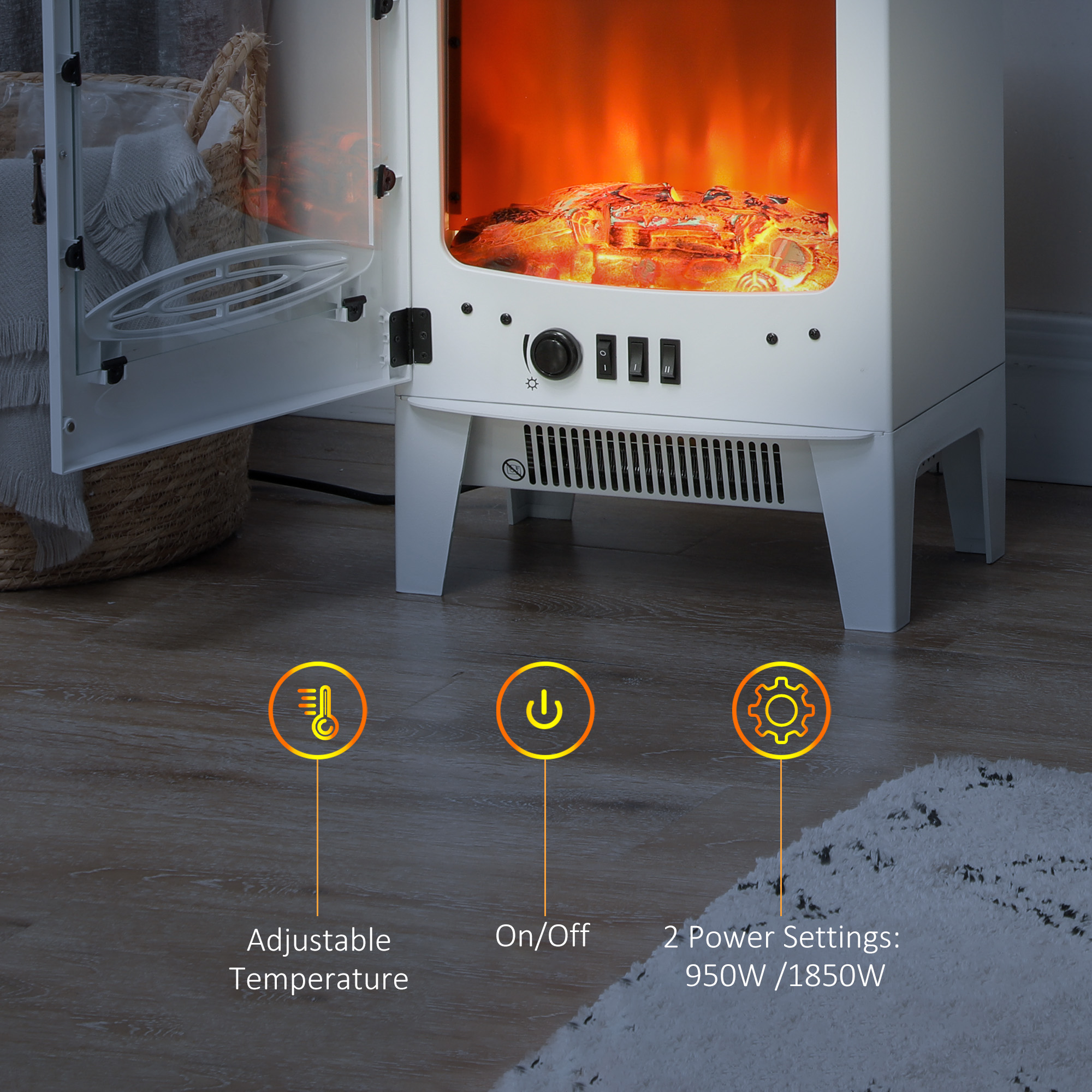 HOMCOM Tempered Glass Casing Electric Fireplace, Freestanding Electric Fire with Realistic Flame Effect, Log Burner with Overheat Protection, 950w/ 1850W, White 5
