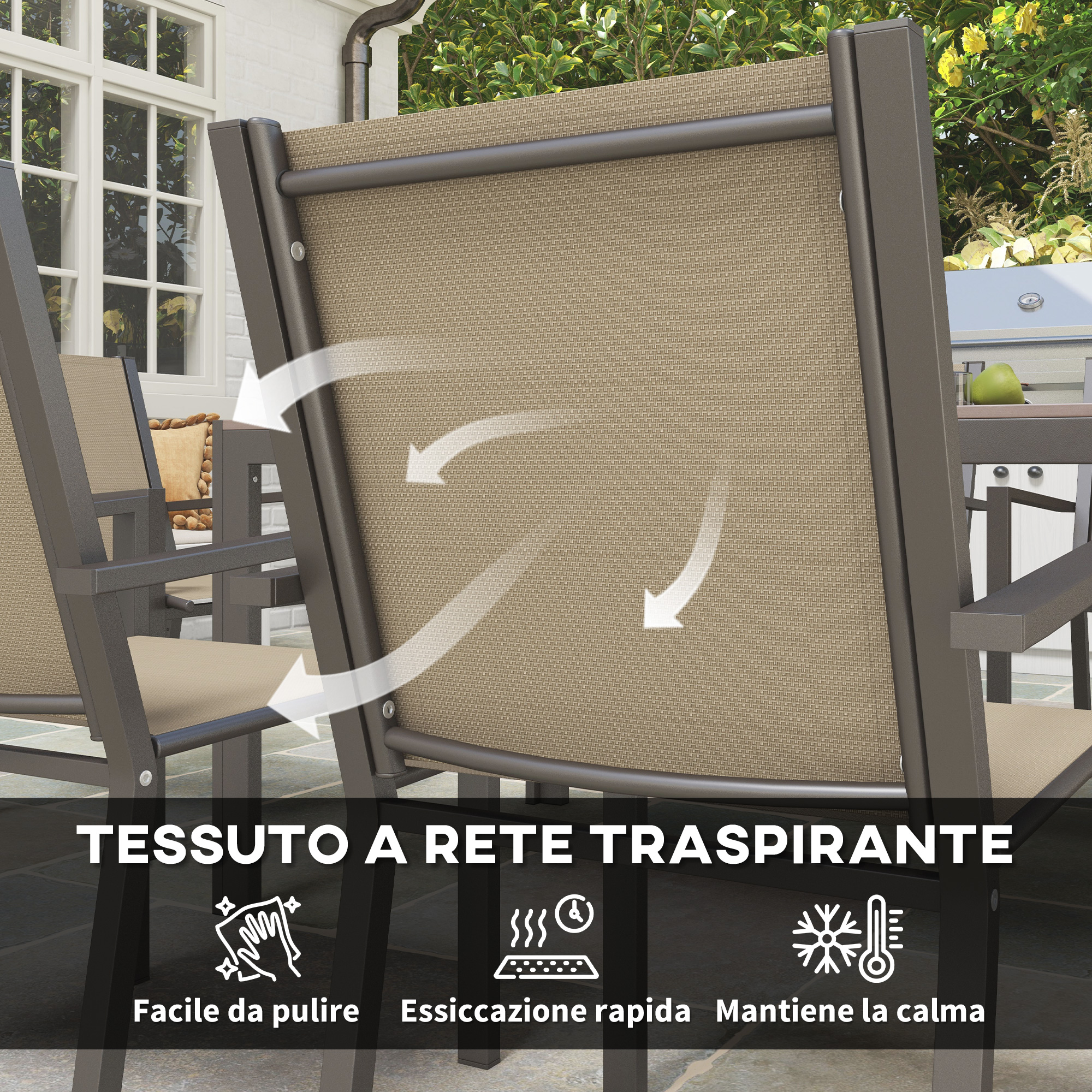 Set Giardino 7 Pezzi Outsunny - 6 Sedie Impilabili E Tavolo Rettangolare In Acciaio, Colore Kaki/Marrone - Foto 9