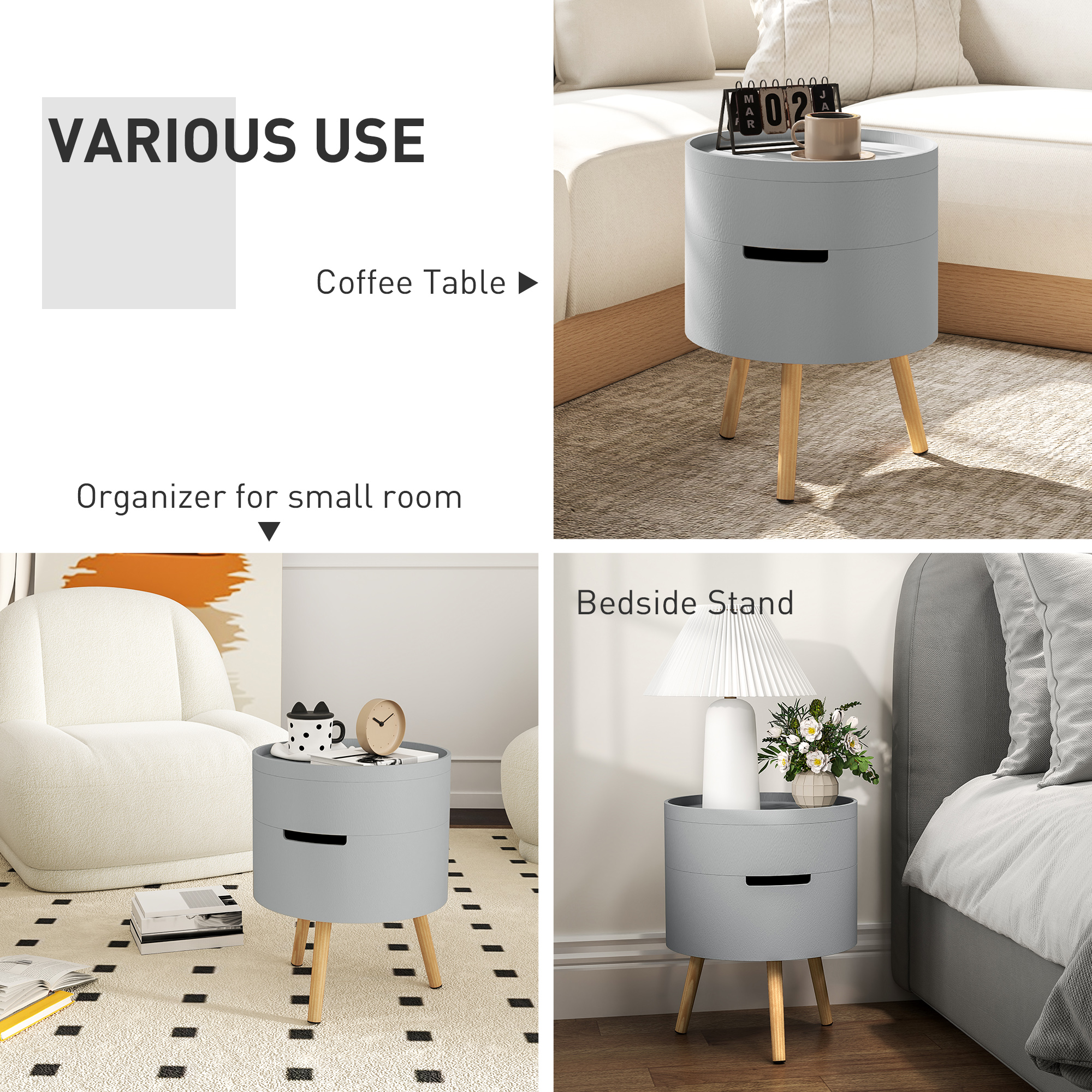 HOMCOM 3-Tier Coffee Table, Round End Table with 2 Hidden Compartments and Detachable Tray, Side Table with Storage for Living Room, Grey 7