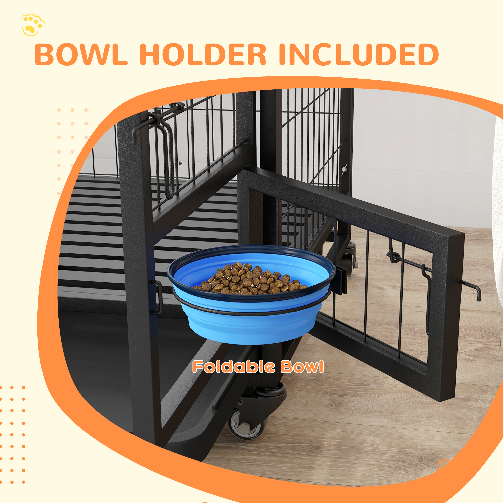 PawHut Heavy Duty Dog Crate on Wheels w/ Bowl Holder, Removable Tray, Openable Top, Detachable Door, for M, L Dogs 5