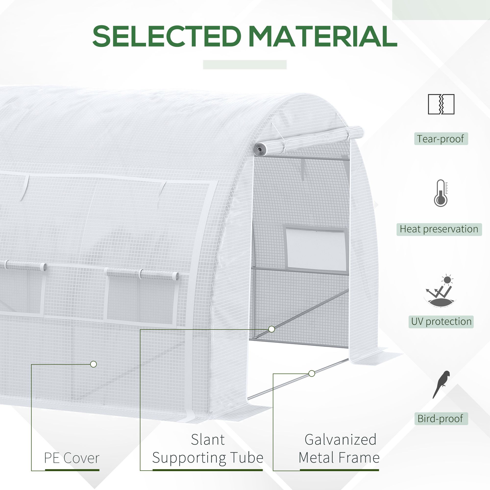 Outsunny 4 x 3 x 2 m Polytunnel Greenhouse with Roll-up Side Walls, Walk-in Grow House Tent with Steel Frame, Reinforced Cover, Zipped Door and 12 Mesh Windows for Garden, White 4
