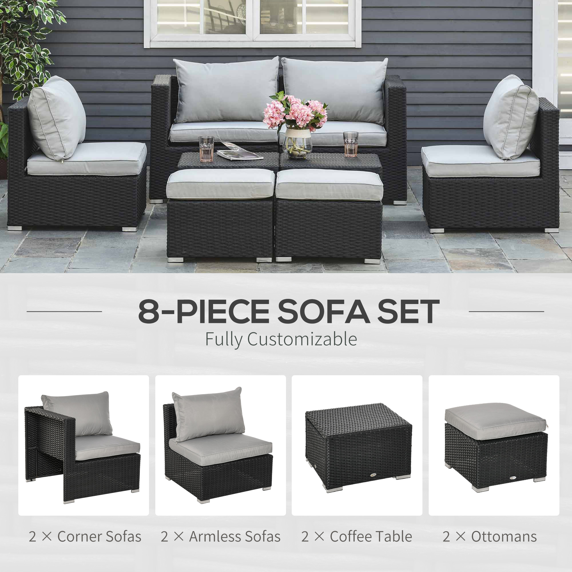 Outsunny 8 Pieces PE Rattan Sofa Set with Cushions, Garden Corner Sofa with 4 Seater Sofa, 2 Footstools and 2 Coffee Table Set, Space-saving Design, No Assembly Required, Black 4