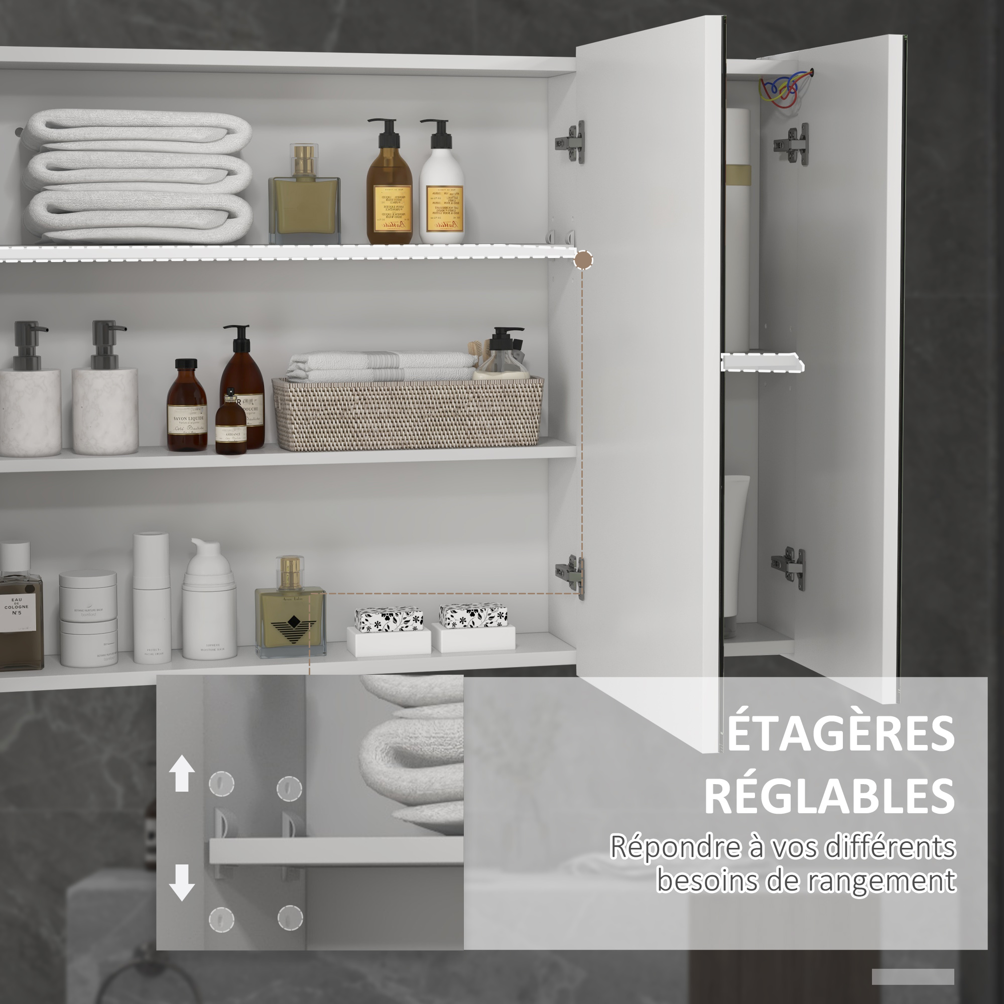 Kleankin Armoire Miroir LED Salle De Bain 90x65 Cm - 3 Portes, Éclairage 3 Couleurs Réglable, Rangement 5 Compartiments Blanc
