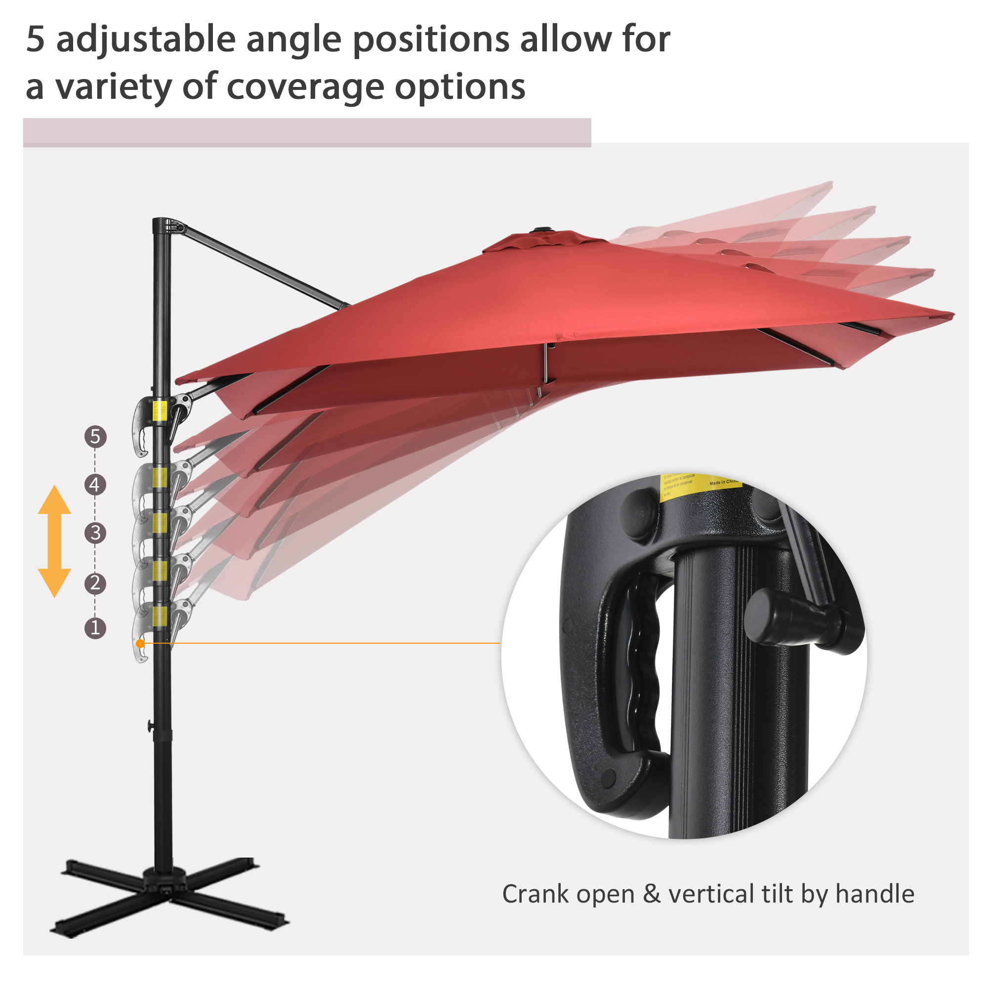 Outsunny 2.5 x 2.5m Patio Offset Parasol Umbrella Cantilever Hanging Aluminium Sun Shade Canopy Shelter 360° Rotation with Crank Handle and Cross Base, Wine Red 5