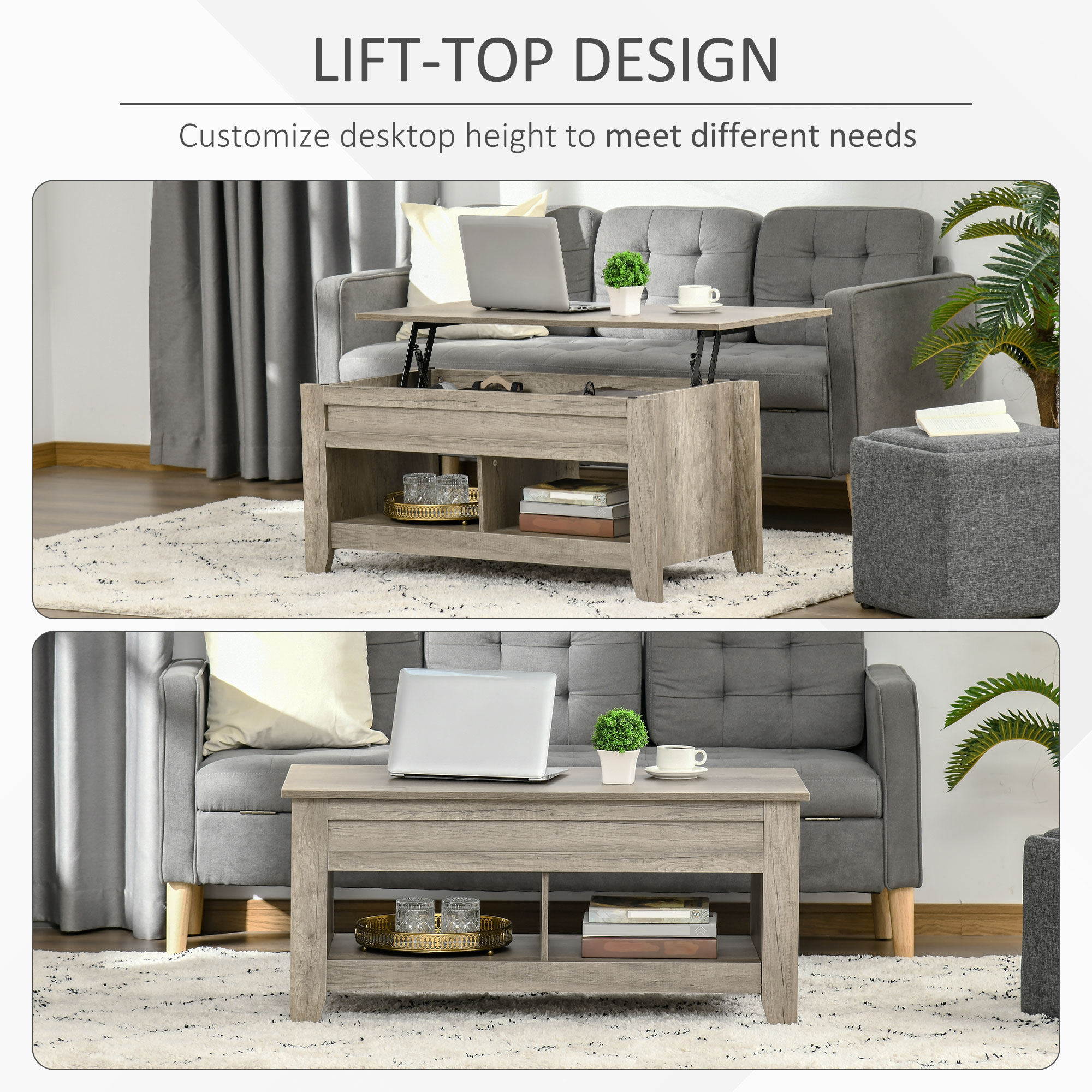 HOMCOM Lift Top Coffee Table w/ Hidden Storage Compartment Open Shelves Lift Tabletop Pop Up Centre Table for Living Room Oak Effect 4