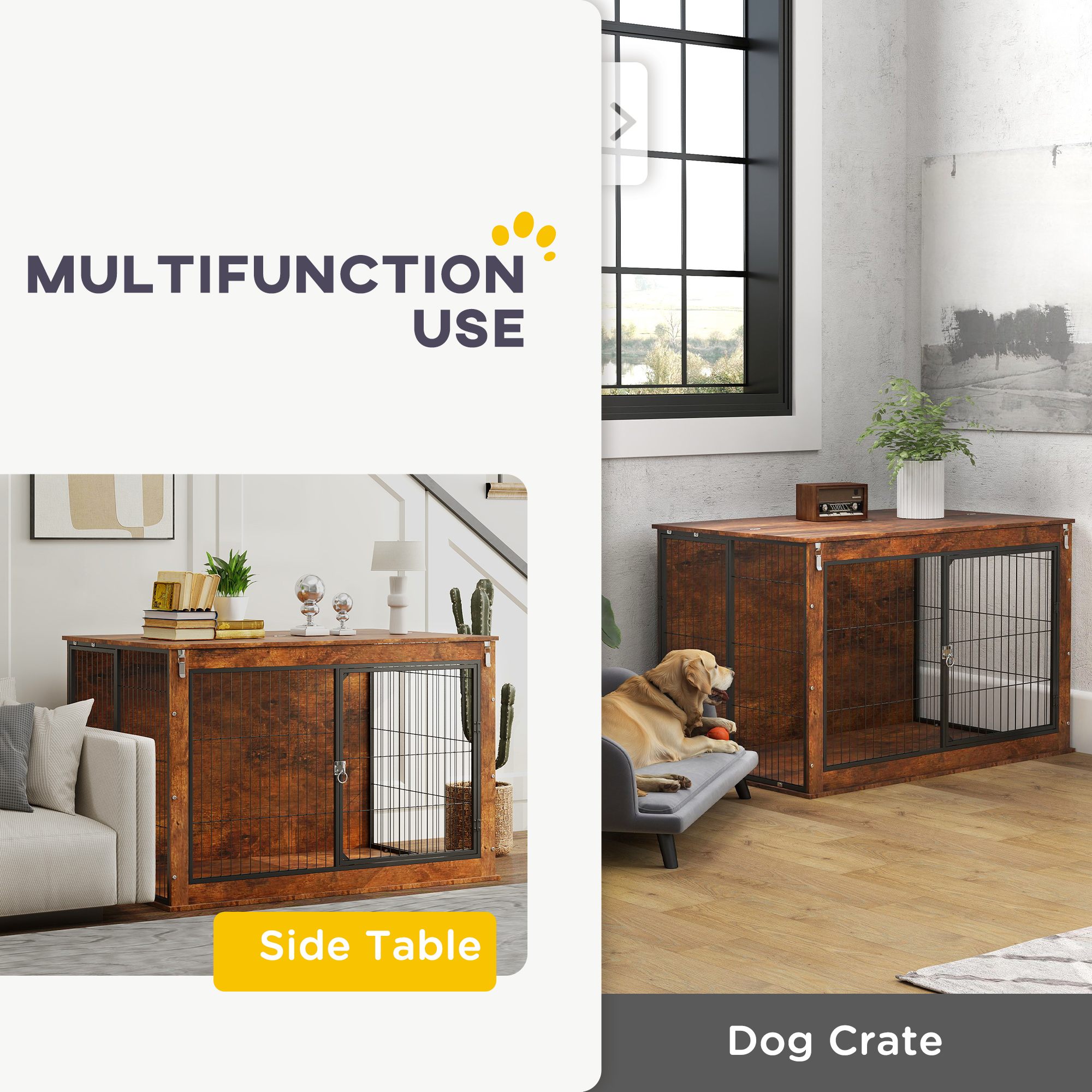PawHut Dog Crate Furniture with Openable Top, Two Doors, for Extra Large Dogs, Rustic Brown 4