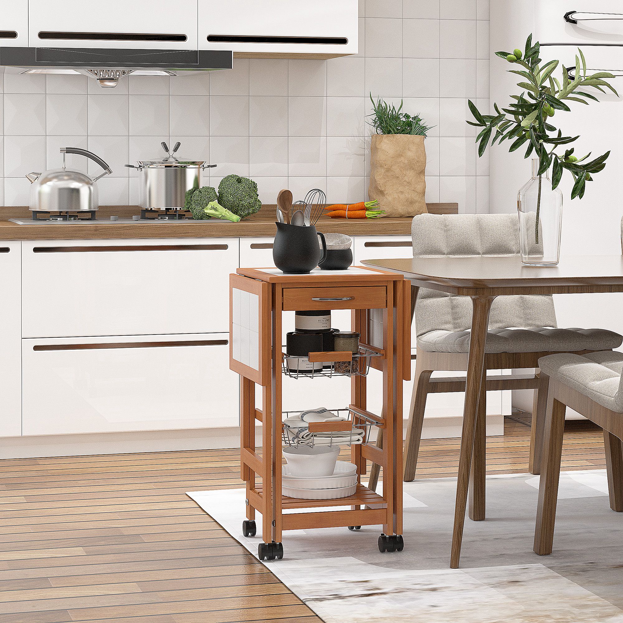HOMCOM Carrello Da Cucina Con Ruote E Piano In Legno Hevea - 2 Ripiani, 1 Cassetto, Porta Strofinaccio - Grigio E Legno - 4