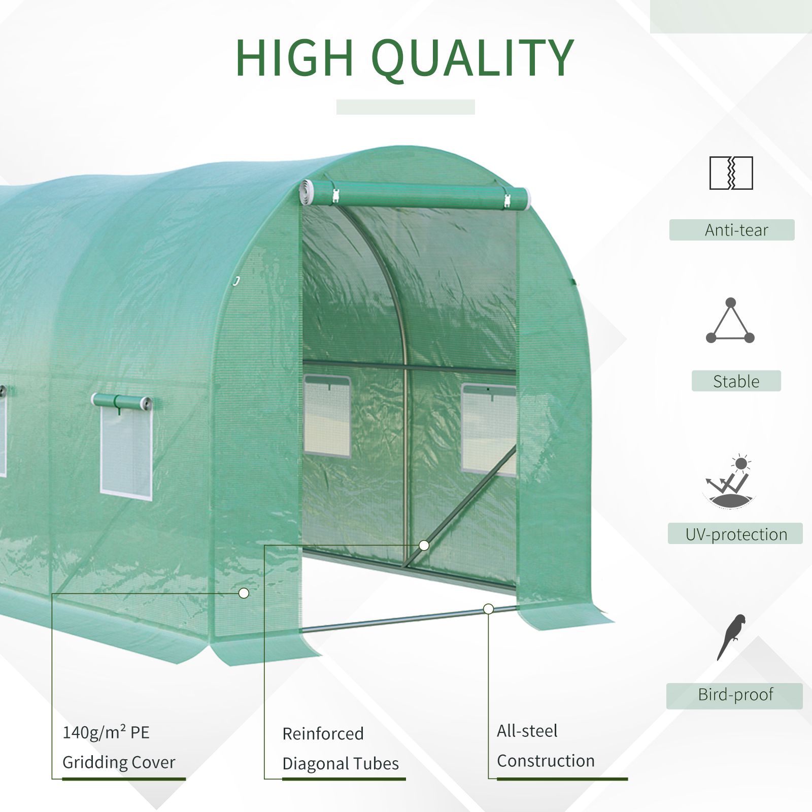Outsunny 4 x 2 x 2 m Polytunnel Greenhouse with Roll-up Door and 6 Mesh Windows, Walk-in Garden Tunnel Warm House Tent with UV-resistant PE Cover and Galvanised Steel Frame, Green 5