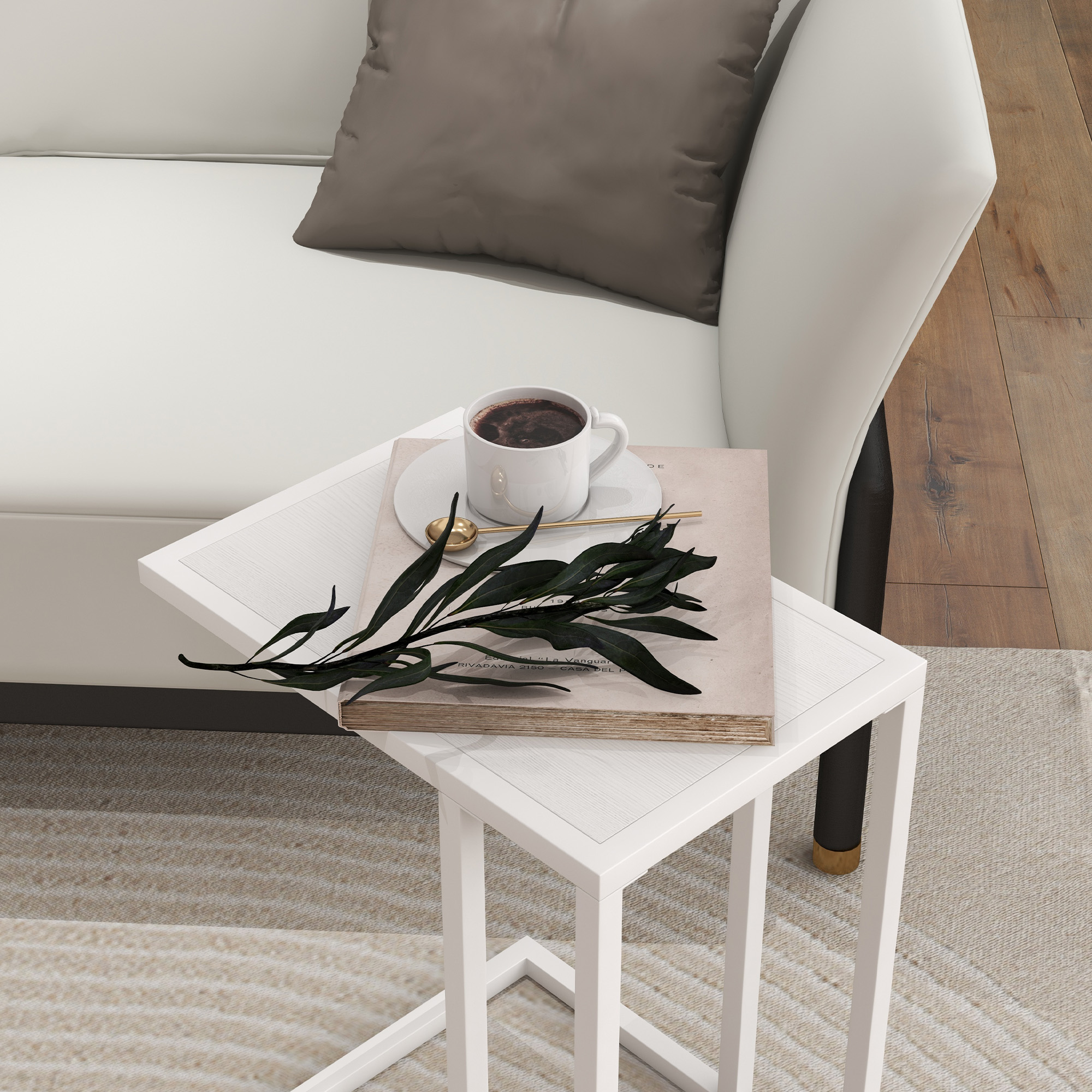 HOMCOM C Shape Bedside Table w/Metal Frame Wood-Effect Top Sofa Narrow Snack End Table for Living Room, White 8