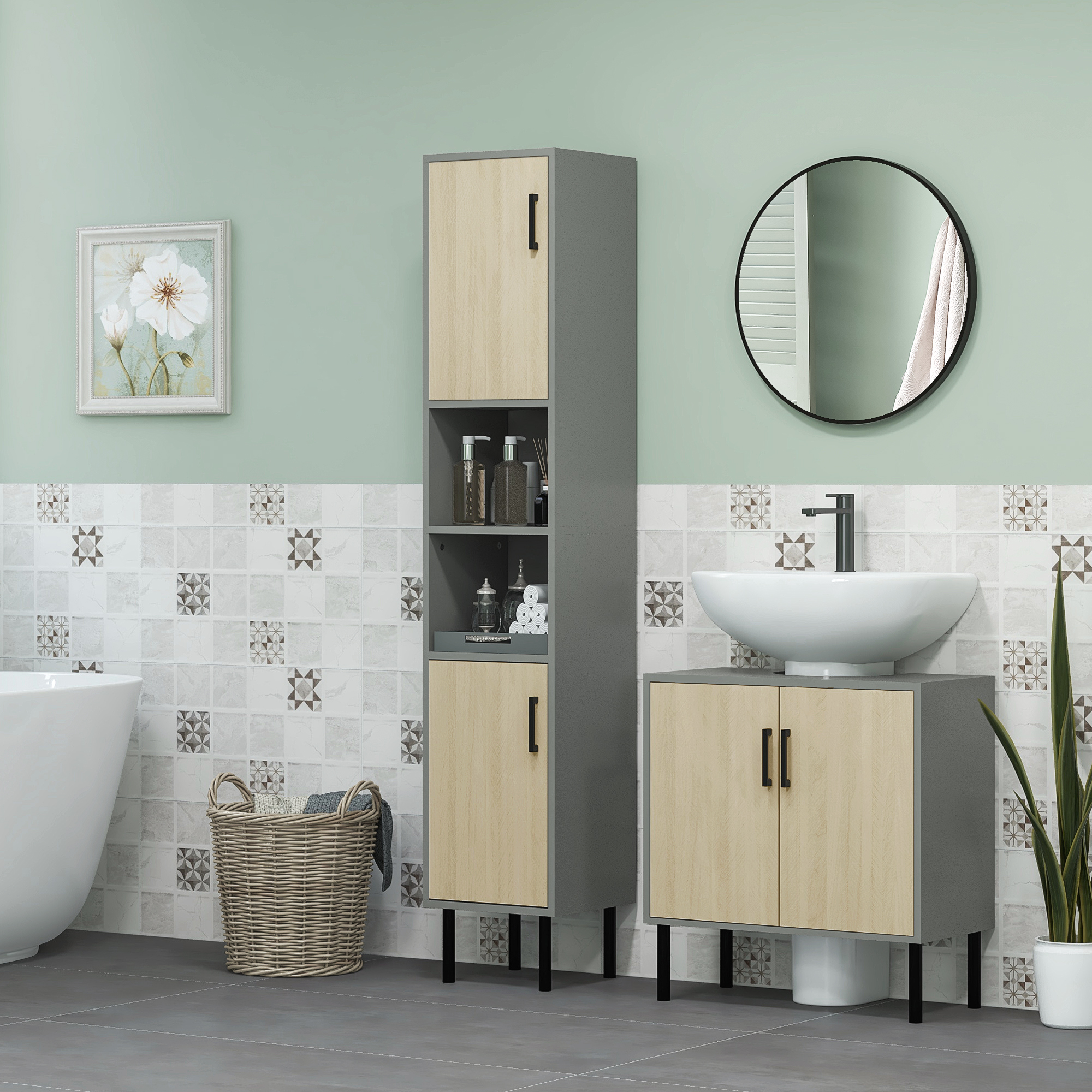 kleankin Under Sink Cabinet, Bathroom Vanity Unit, Storage Cupboard with Double Doors and Storage Shelves, 60x30x60cm, Natural 2