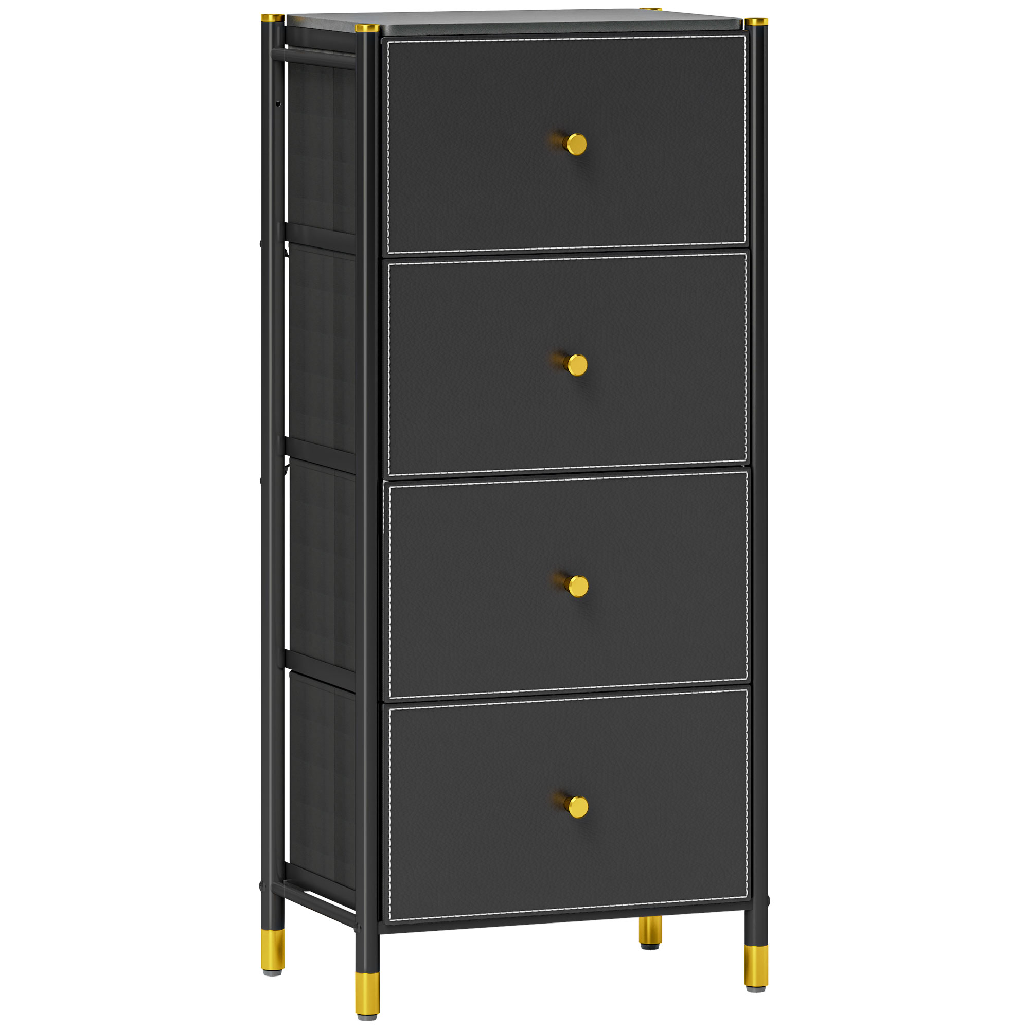 HOMCOM Cajonera de Tela con 4 Cajones Plegables con Frentes de PU y Marco de Acero Cajonera para Dormitorio Salón Negro