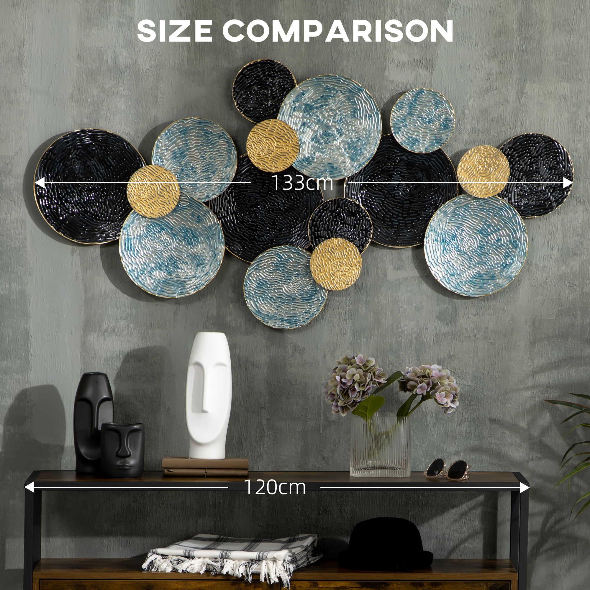 HOMCOM 3D Metal Wall Art Modern Circle Hanging Wall Sculptures Home Decor for Living Room Bedroom Dining Room, Blue Black Gold 7