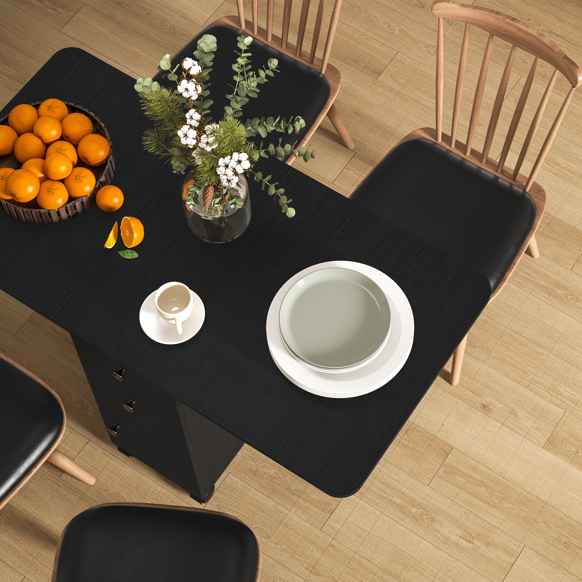 HOMCOM Multi-Storage Six-Person Drop Leaf Dining Table Distressed Black 9