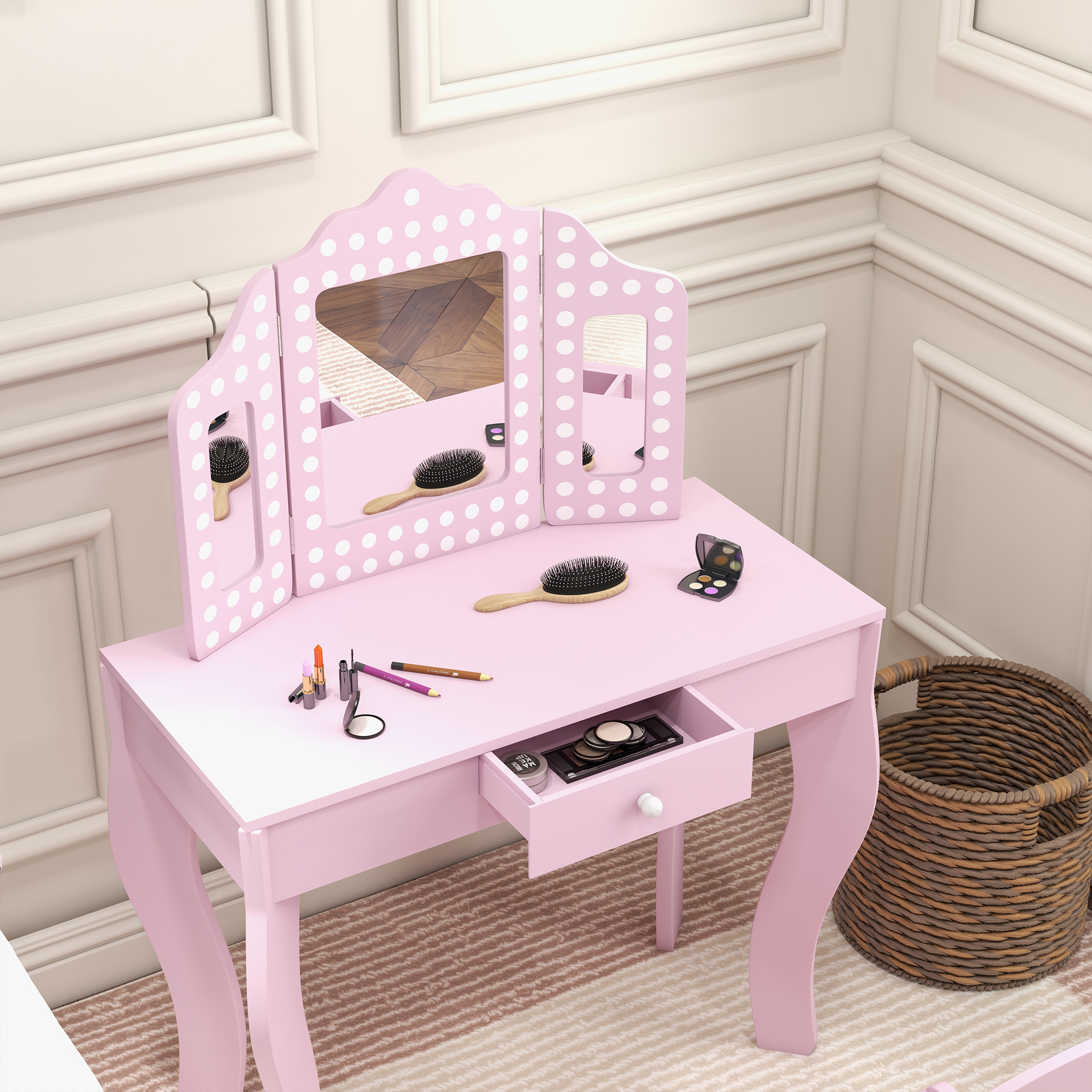 AIYAPLAY Kids Dressing Table Sets with Stool and Tri-Fold Mirror, Drawer for Playroom, Bedroom Pink 8