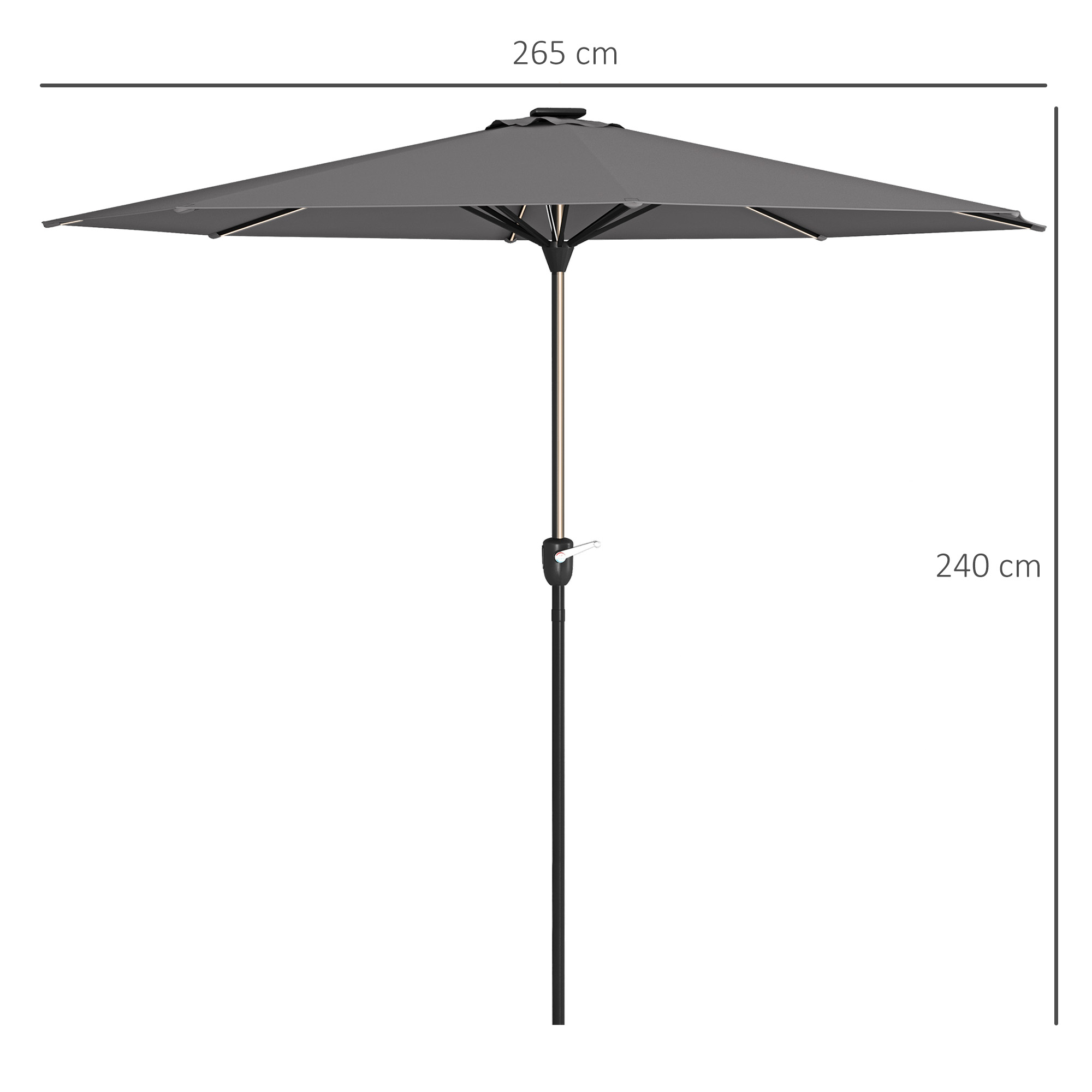 Outsunny 2.65m Garden Parasol, with LED Lights Dark Grey 3