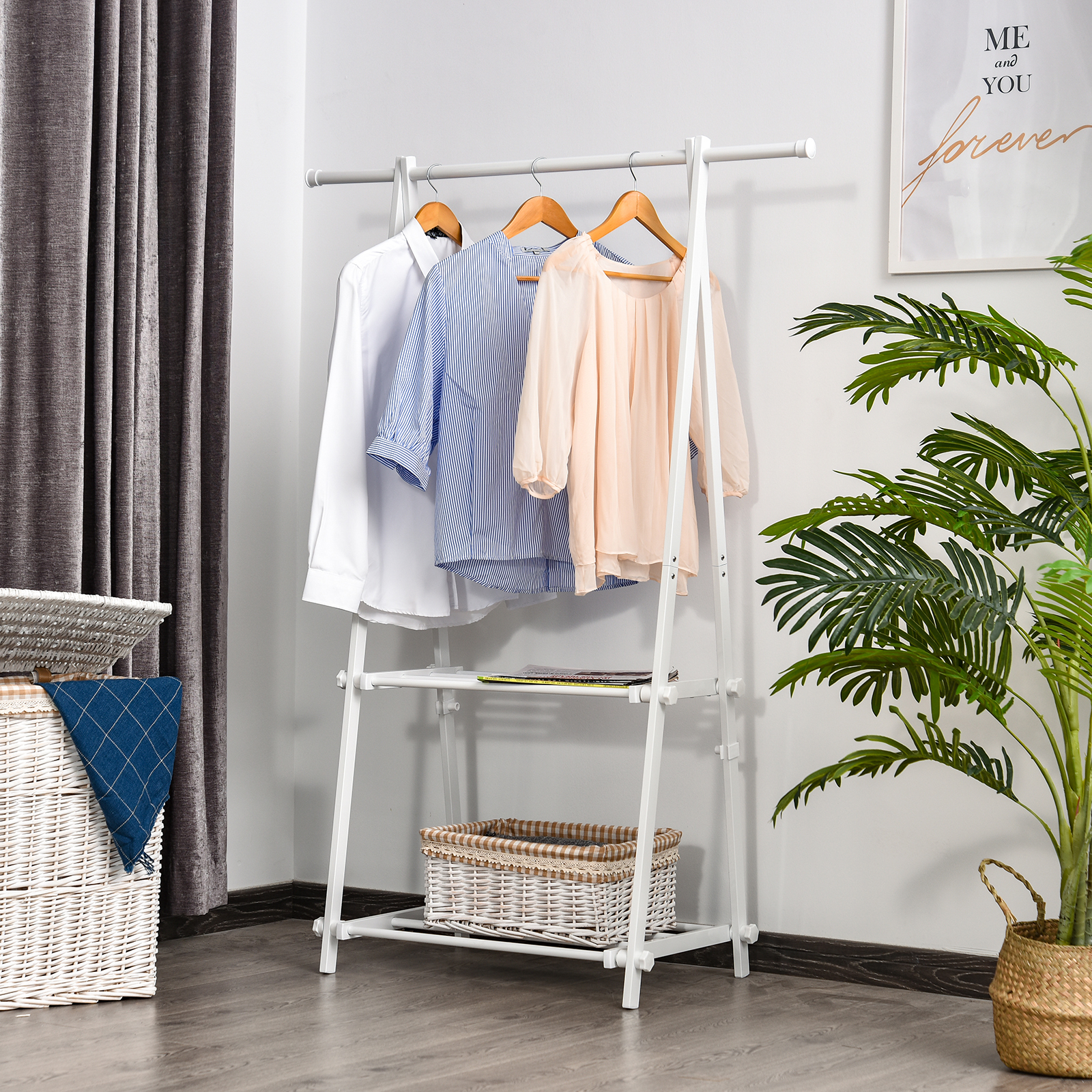 HOMCOM Minimalist Foldable Adjustable Clothes Rack Hanger w/ 2 shelves 107.5L x 45W x 150H cm Hallway Entryway Furniture White 2