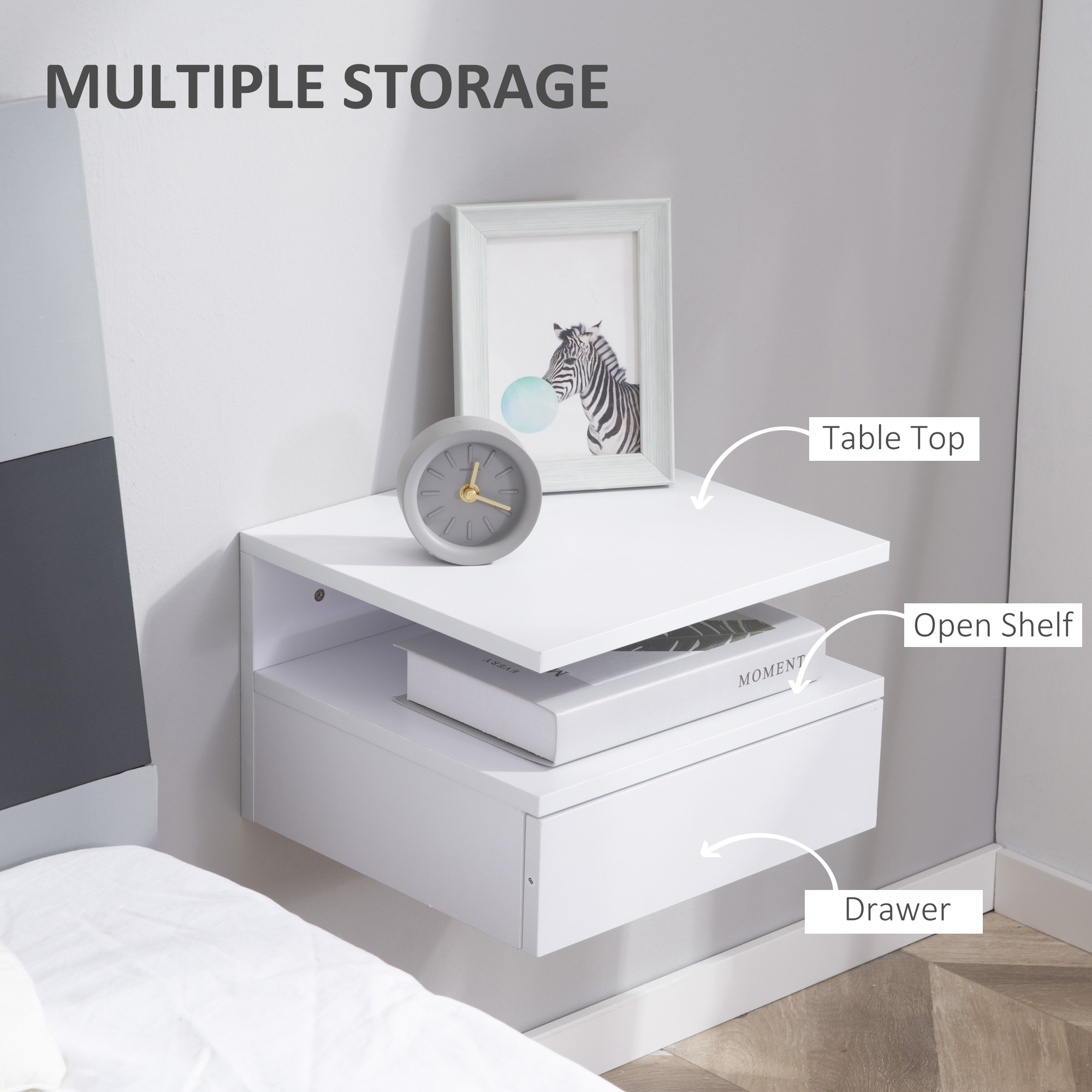 HOMCOM Set of Two Floating Bedside Tables White 5