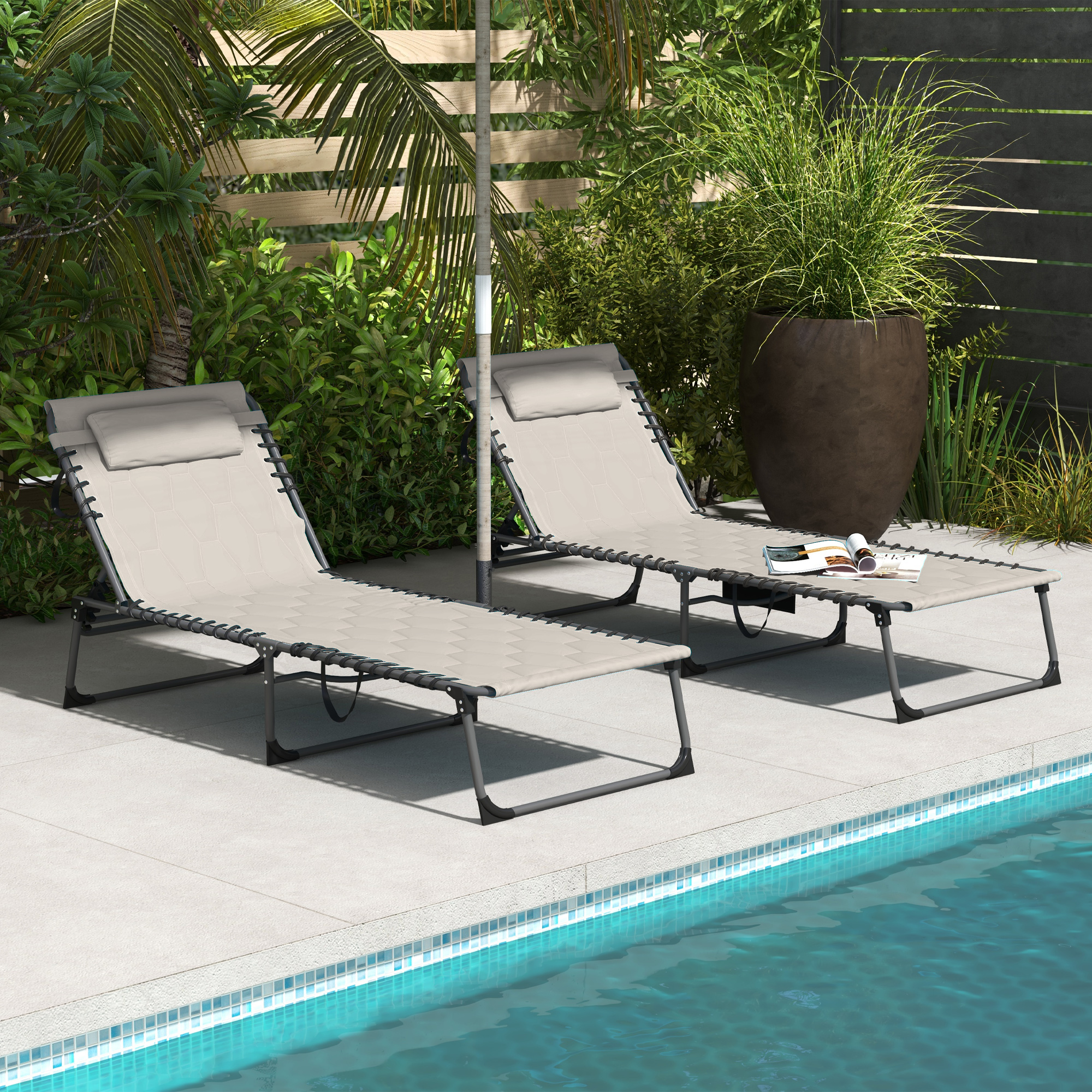 Outsunny Set of Two Sun Loungers, with Five-Position Reclining Backs Khaki 2