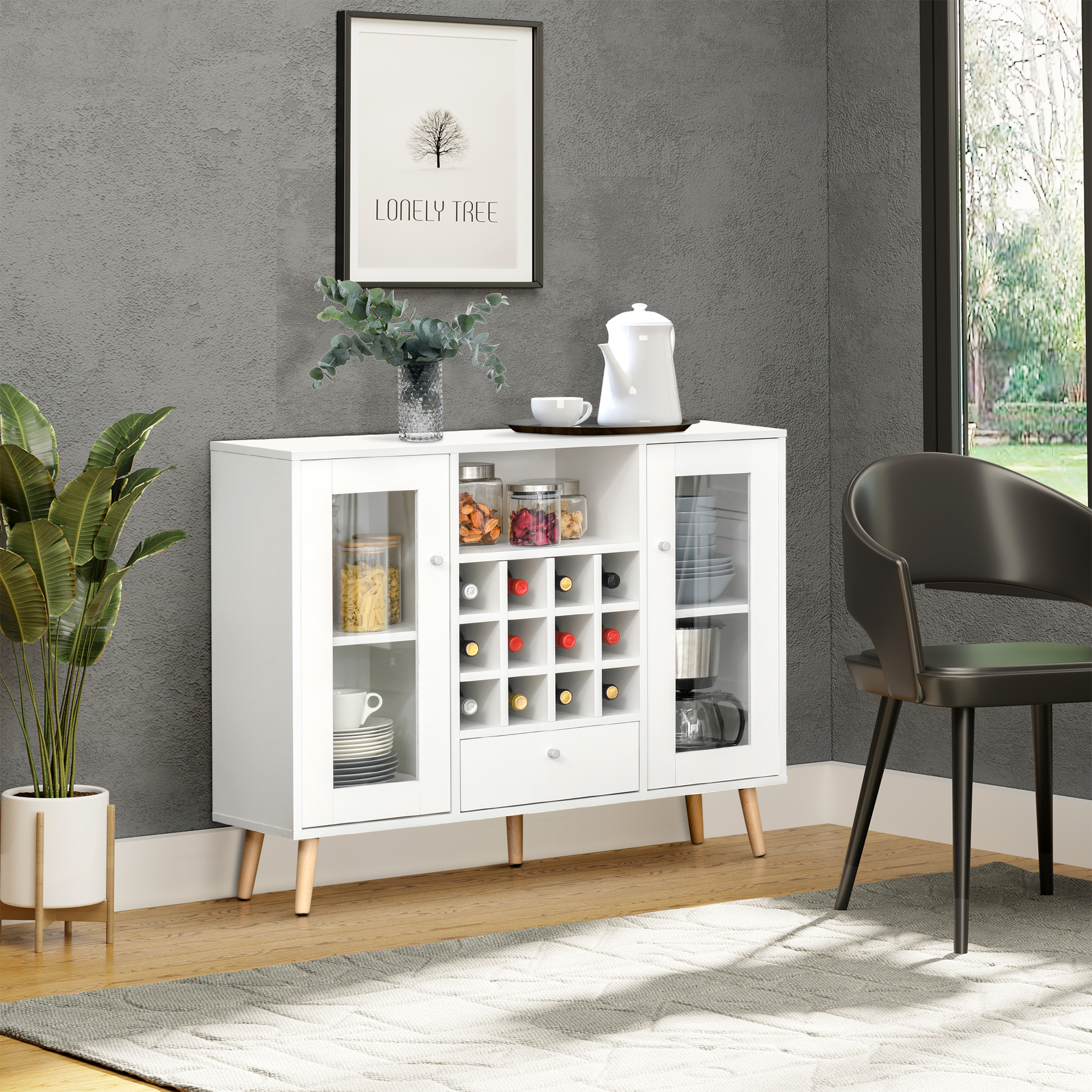 HOMCOM Modern Sideboard Storage Cabinet Kitchen Cupboard Dining Bar Server with Glass Doors, Drawer & 12-Bottle Wine Rack for Living Room, White 2