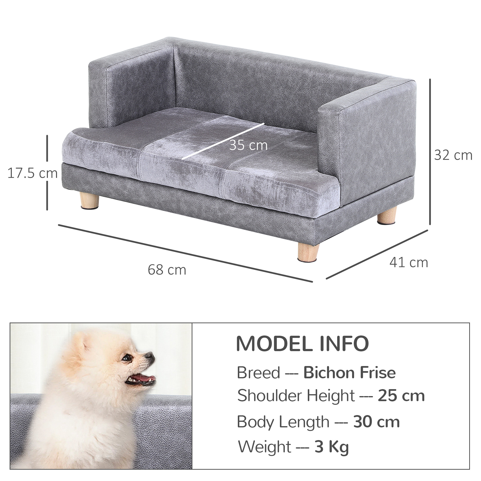GDFStudio Elevated Dog Bed - Corduroy Pet Couch For Small Dogs/Cats With Rubber Wood Legs, Gray
