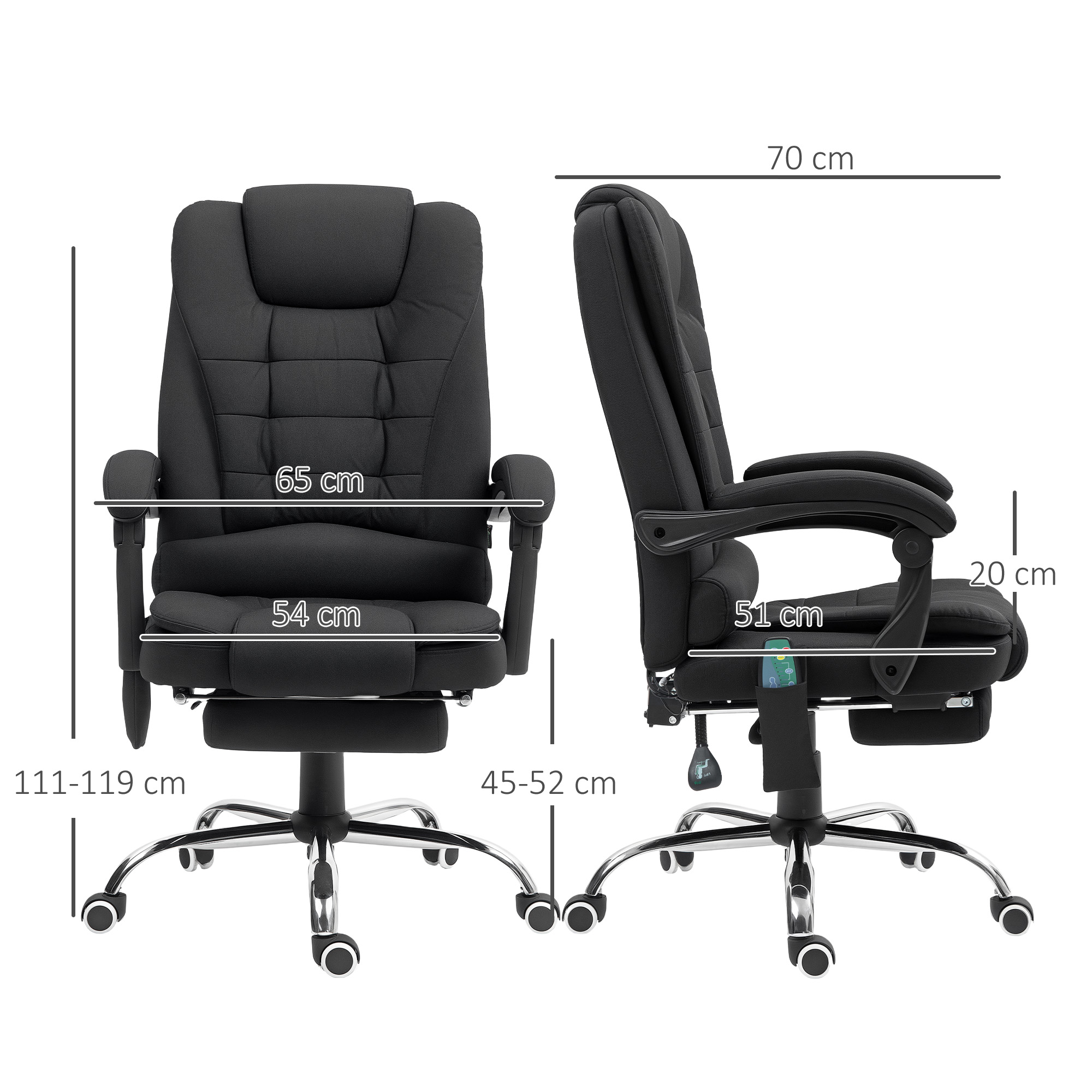 Vinsetto Office Chair with 6 Point Massage and Back Heat, Microfibre Desk Chair with Footrest Adjustable Height and Swivel Wheels, Back Reclining, Full Black 3