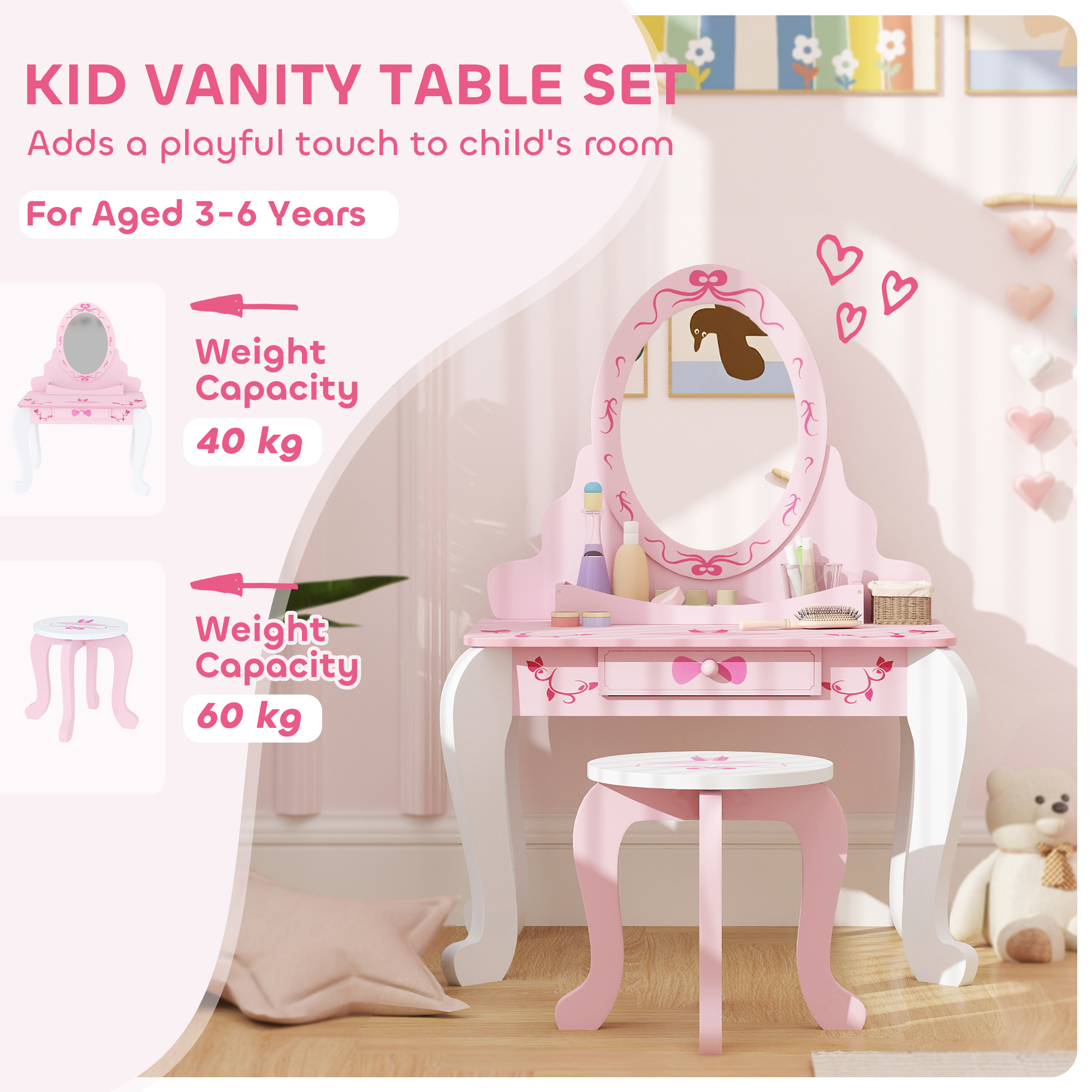 AIYAPLAY Kids Dressing Table Set, Vanity Table with Stool, Mirror, Drawer, Desktop, Storage, Ballet-Theme, Pink 4