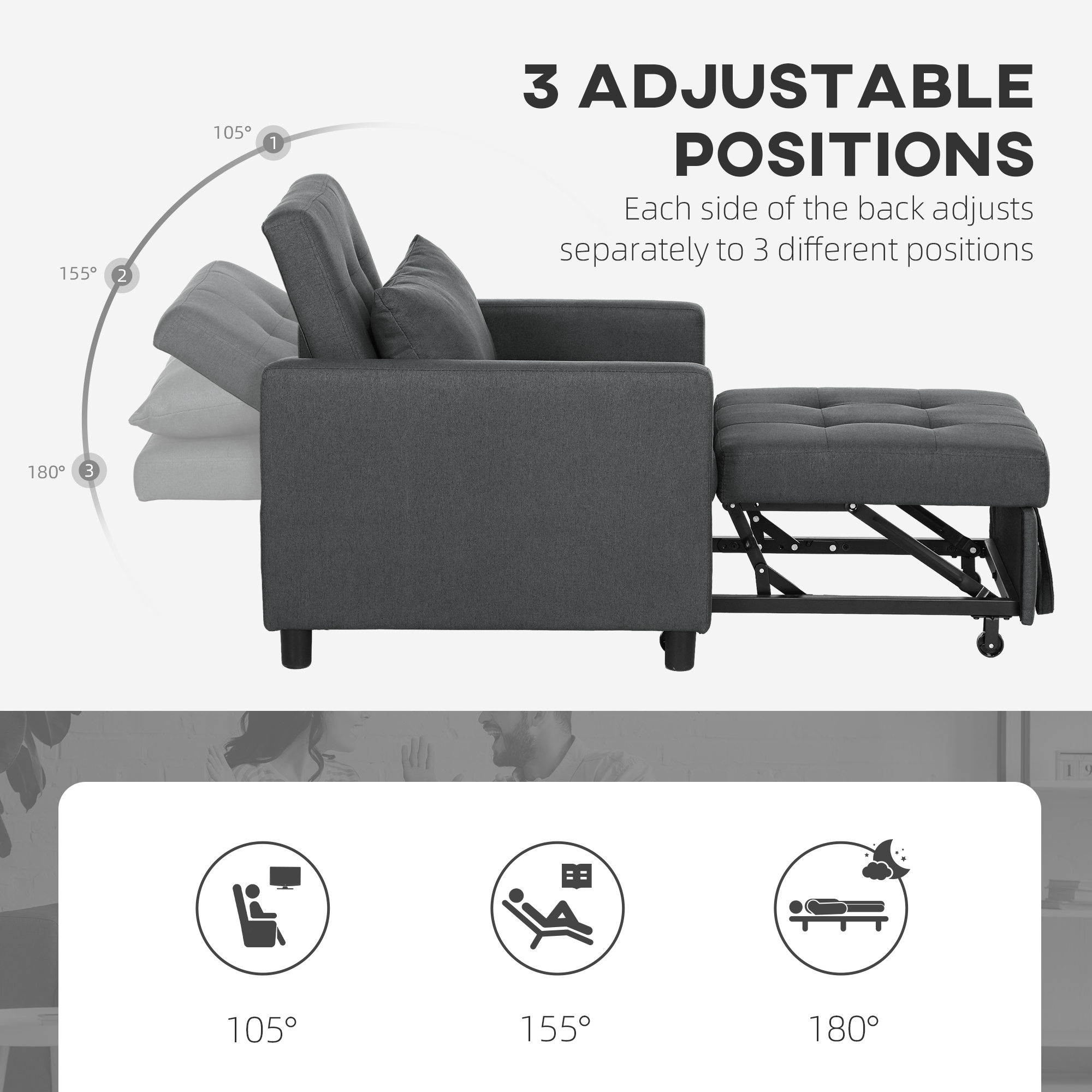 HOMCOM 3-In-1 Chair Bed, Convertible Sleeper Chair with Adjustable Backrest, Pillow and Footrest for Living Room, Dark Grey 7