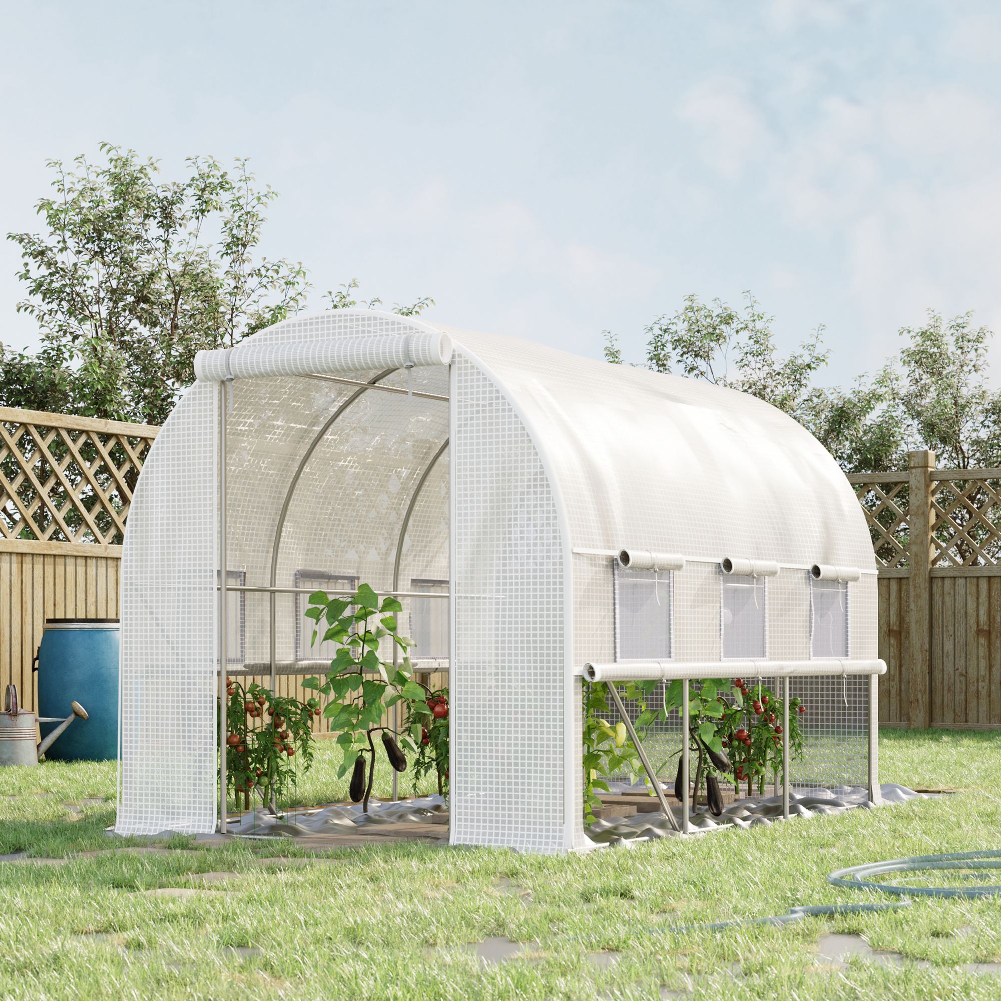 Outsunny Walk-in Polytunnel Greenhouse Green House with Roll-up Sidewalls, UV-resistant PE Cover, 3 x 2 x 2m, White 2
