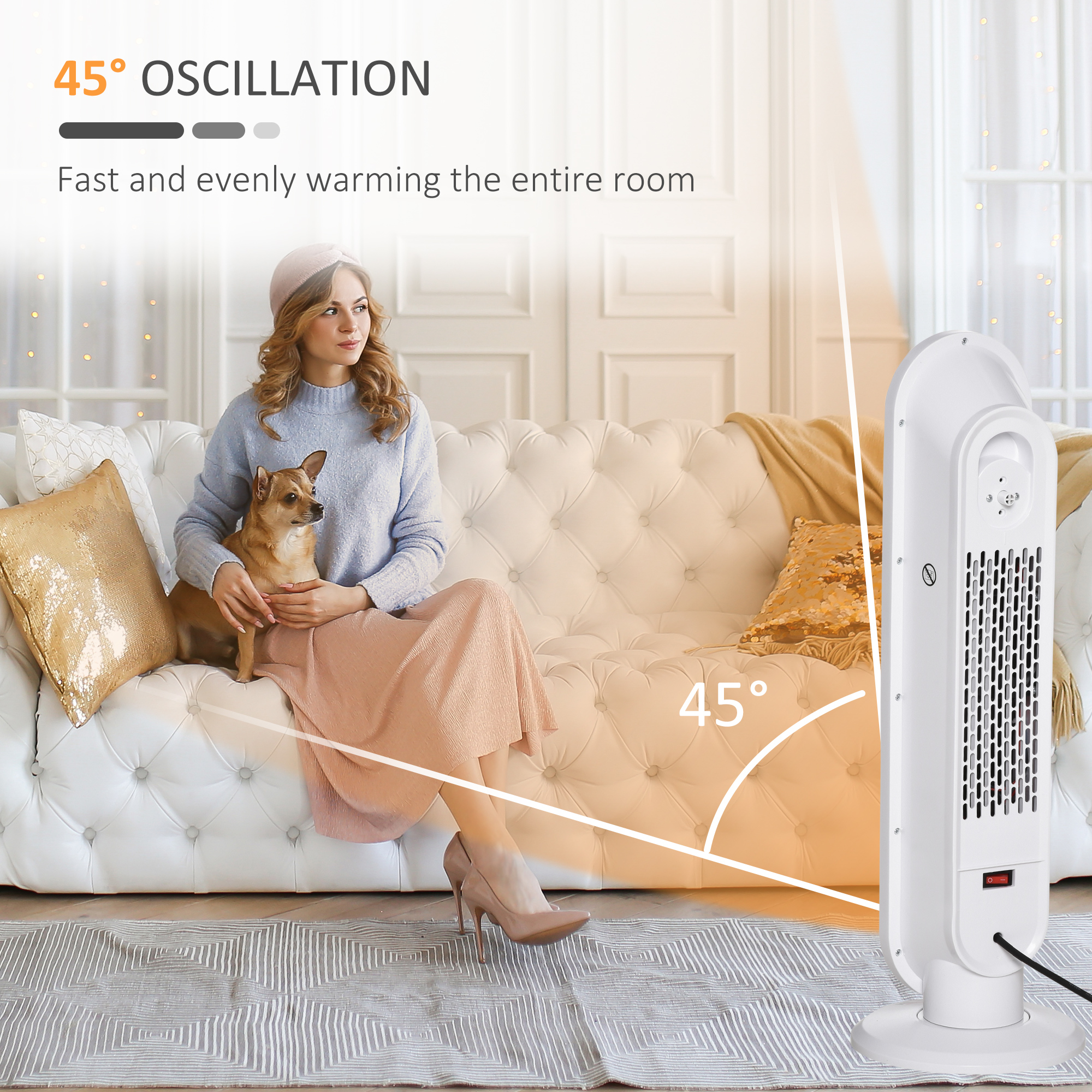 HOMCOM Ceramic Space Heater, Indoor Tower Heater with 2 Heat, Oscillation, Remote Control, Timer, Tip-Over & Overheating Protection, 1200W/2000W, White 7
