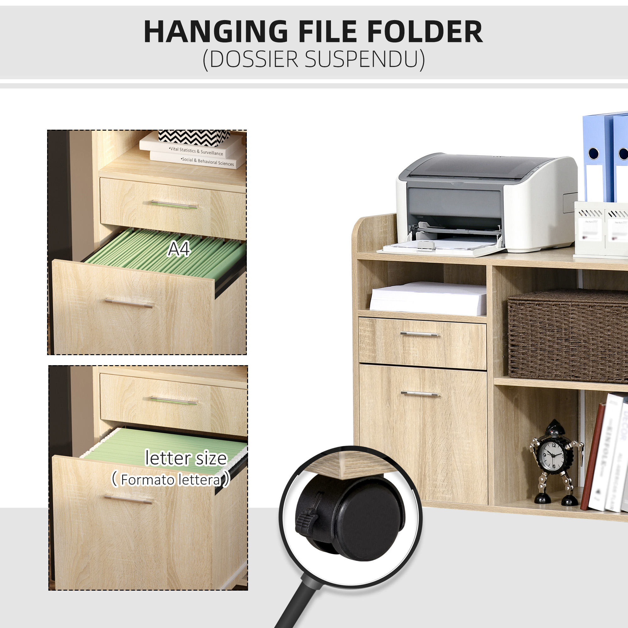 Carrello Per Stampante Con Rotelle 360° E Tasca Portaoggetti – 2 Livelli In Legno E Acciaio, 44x28x28 Cm, Per Ufficio E Casa