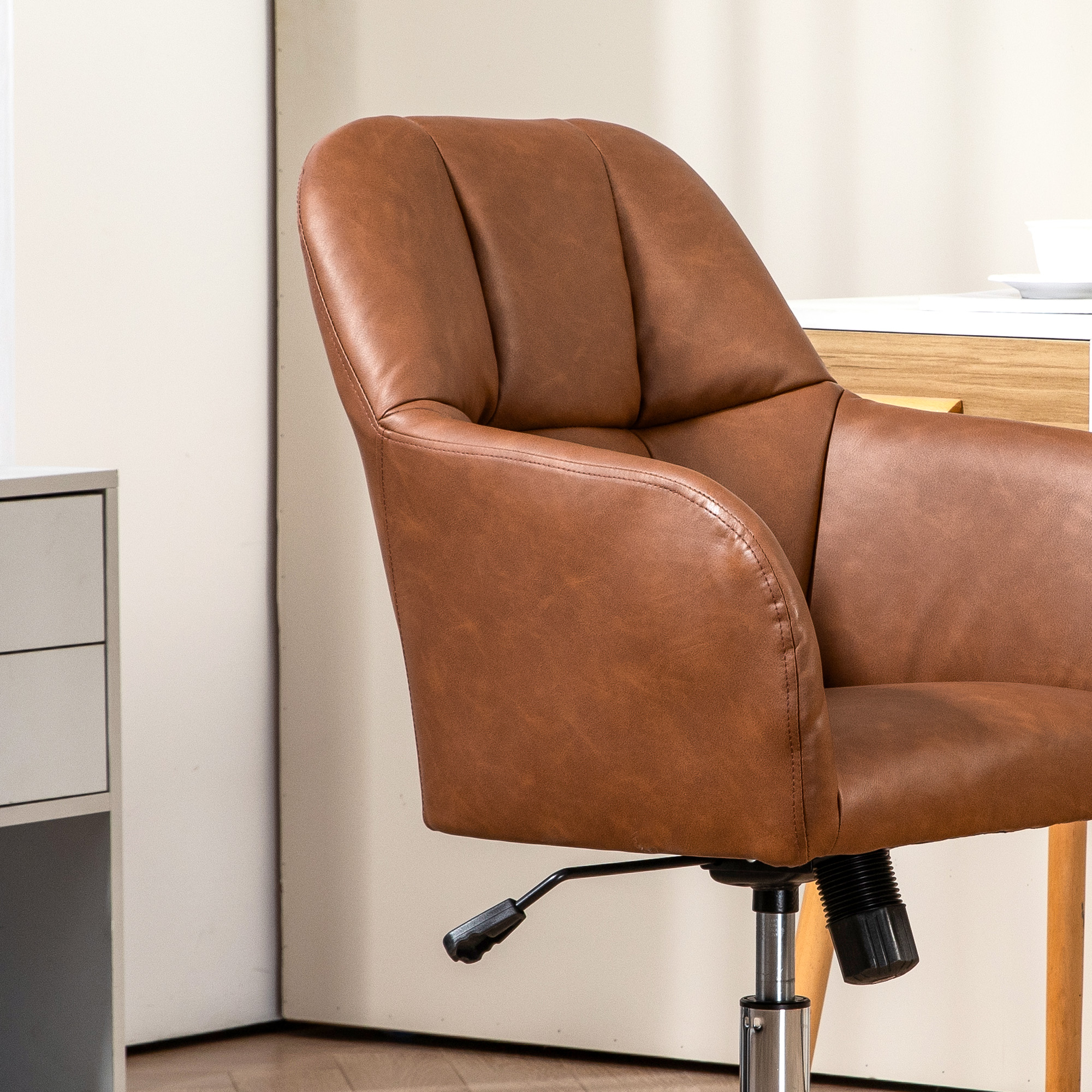HOMCOM Faux Leather Tub Office Chair, with Wheels Brown 8