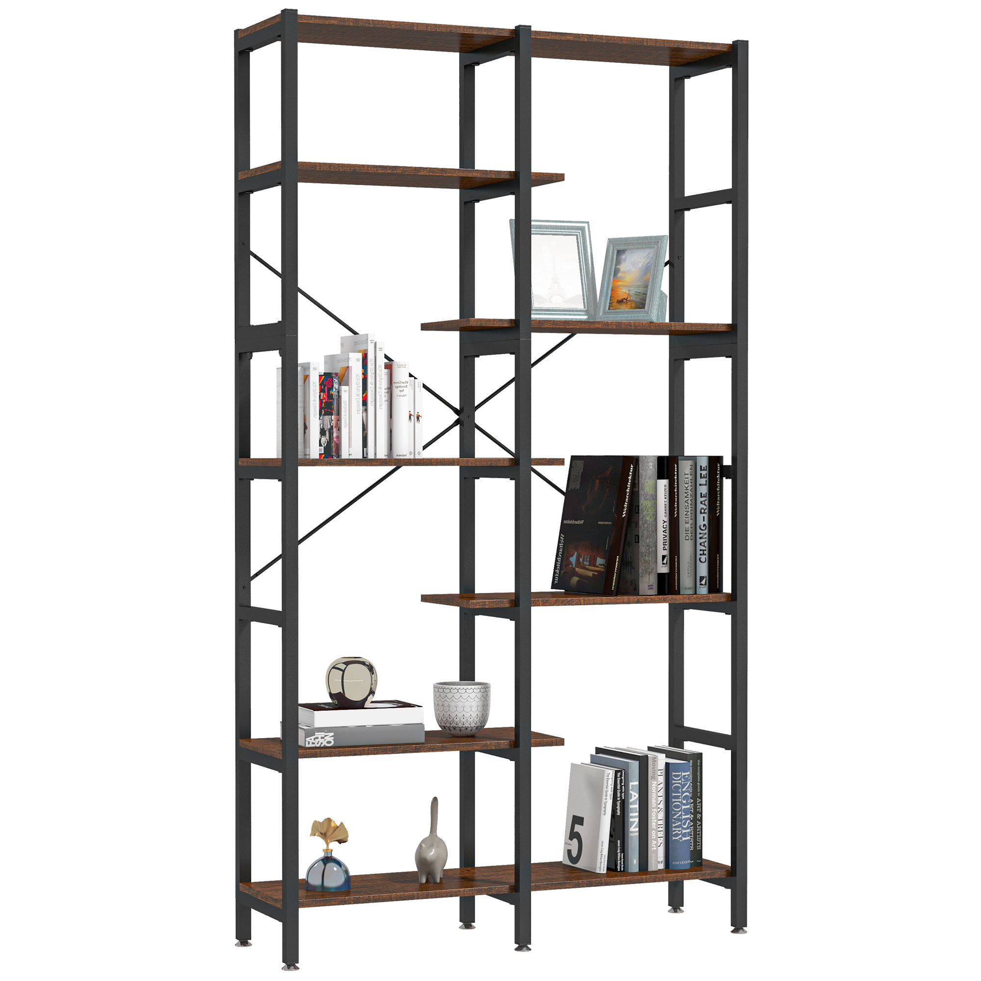 HOMCOM Étagère de Rangement Bibliothèque séparateur de pièce Style Industriel en escalier 6 étagères en Bois et Métal Rustique