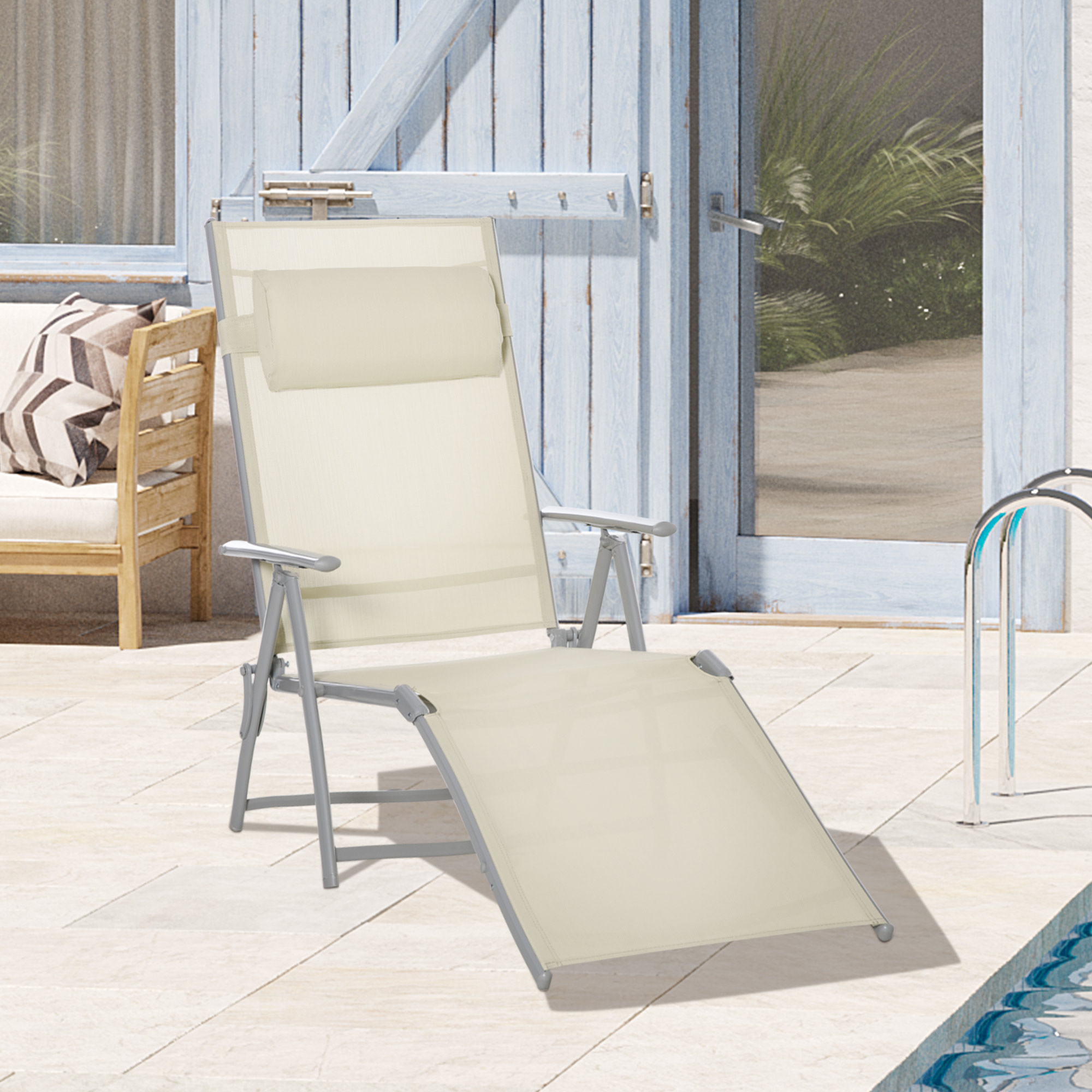 Outsunny Steel Fabric Sun Lounger Outdoor Folding Chaise Lounge Chair Recliner with Portable Design & 7 Adjustable Backrest Positions Beige 2