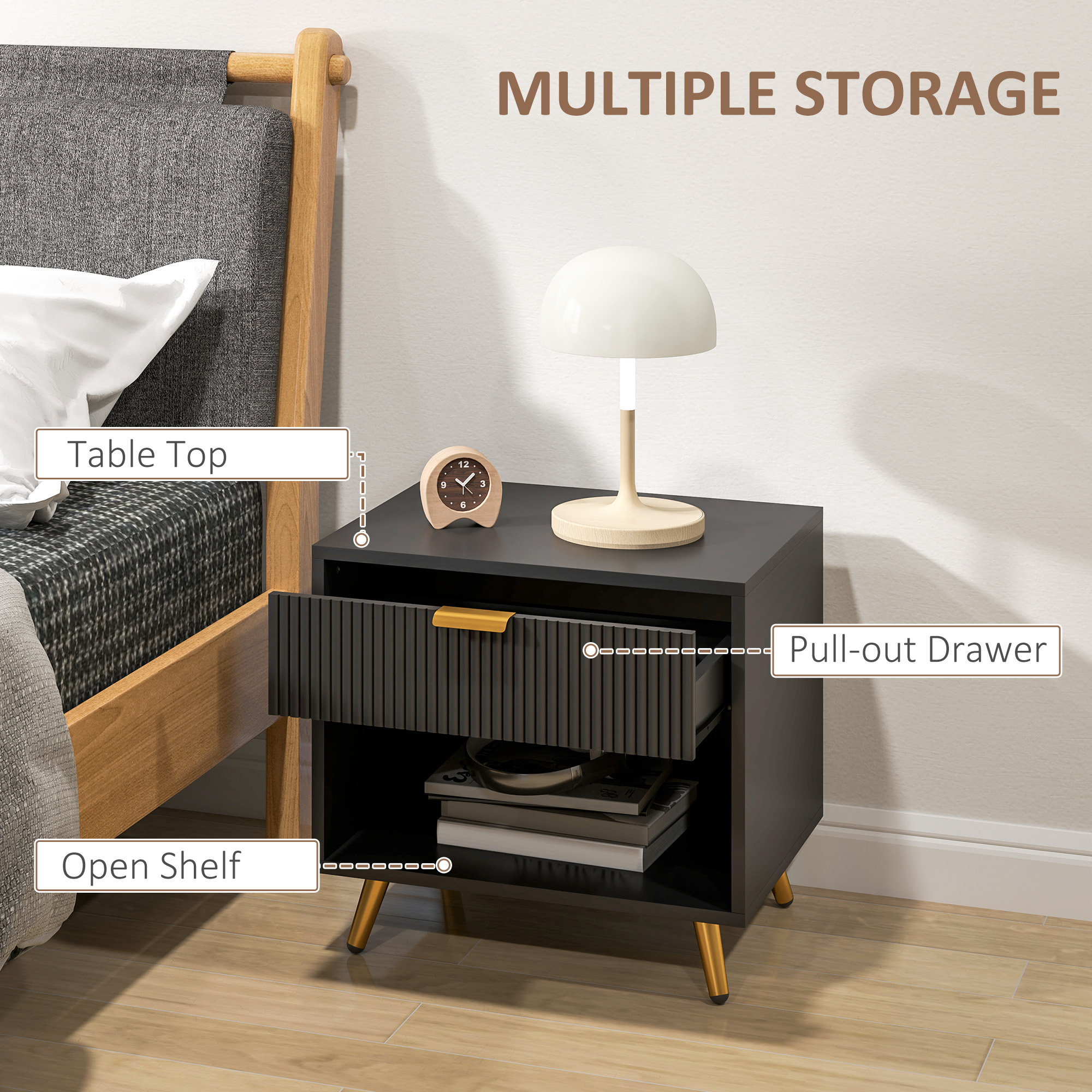 HOMCOM Elegant Bedside Table, with Drawer and Shelf Black/Gold Tone 5