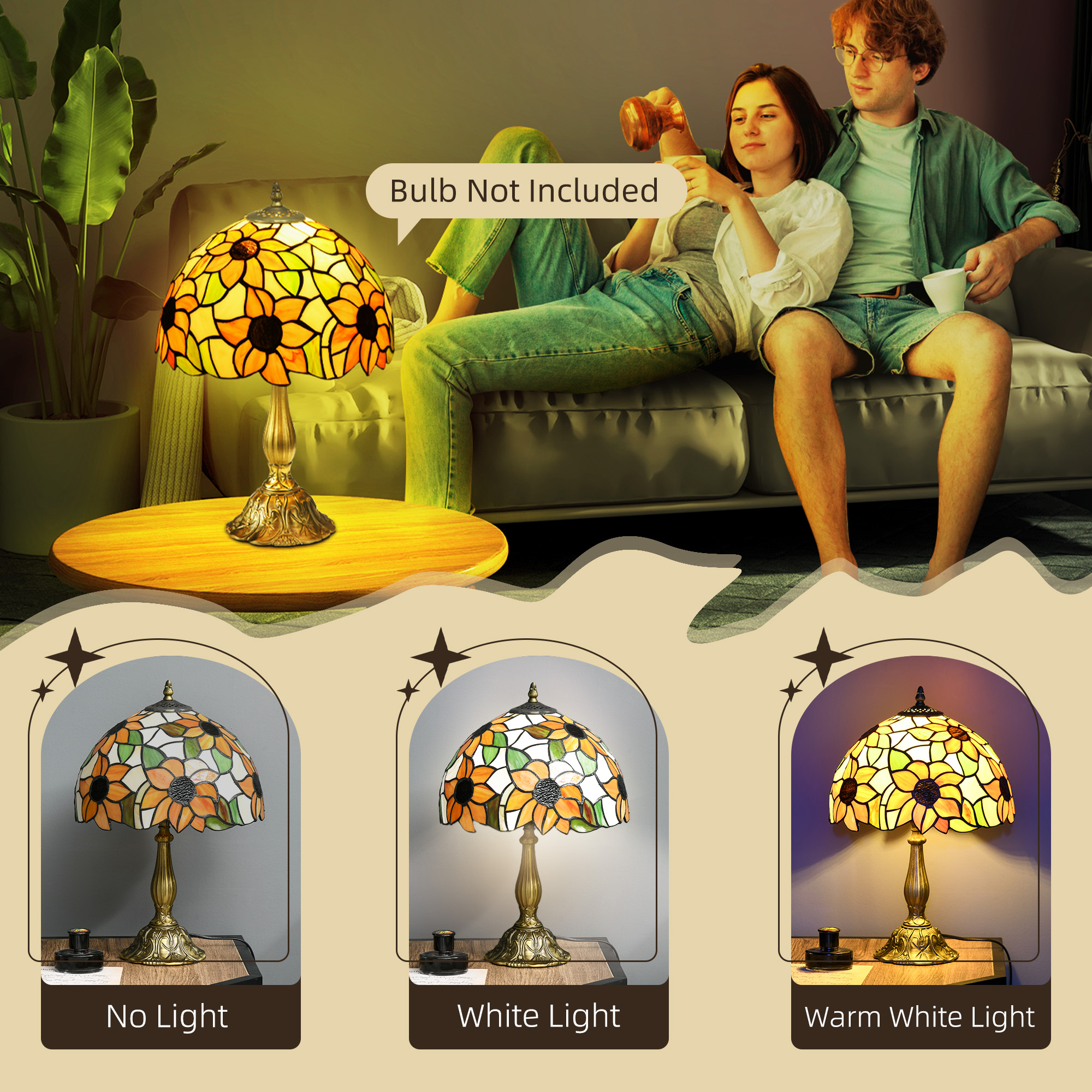 HOMCOM Stained Glass Table Lamp, Handmade Antique Bedside Lamp for Bedroom, Living room, Home, Nightstand, Decorative Night Light, Orange Sunflower 5