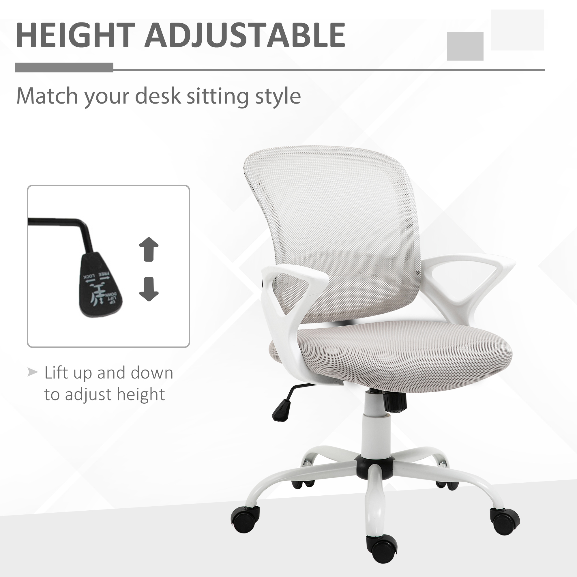Vinsetto Office Chair Mesh Swivel Desk Chair with Lumbar Back Support Adjustable Height Armrests Grey 4
