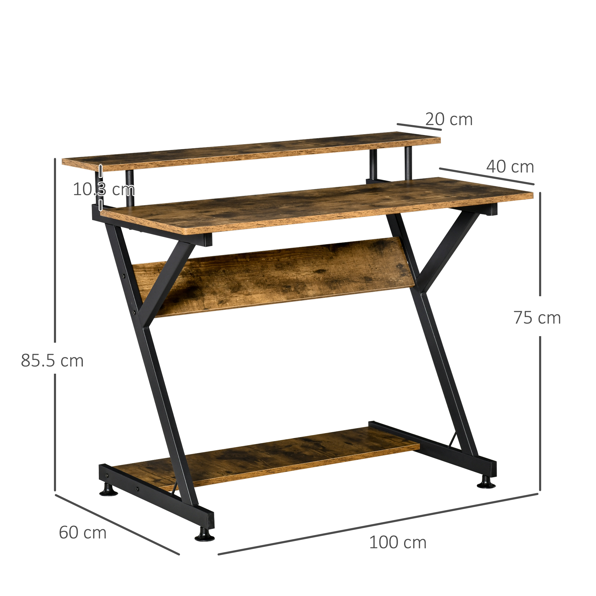 HOMCOM Industrial Computer Desk with Monitor Stand, 100 x 60cm Compact Desk for Small Spaces, Home Office Desk, Rustic Brown 3