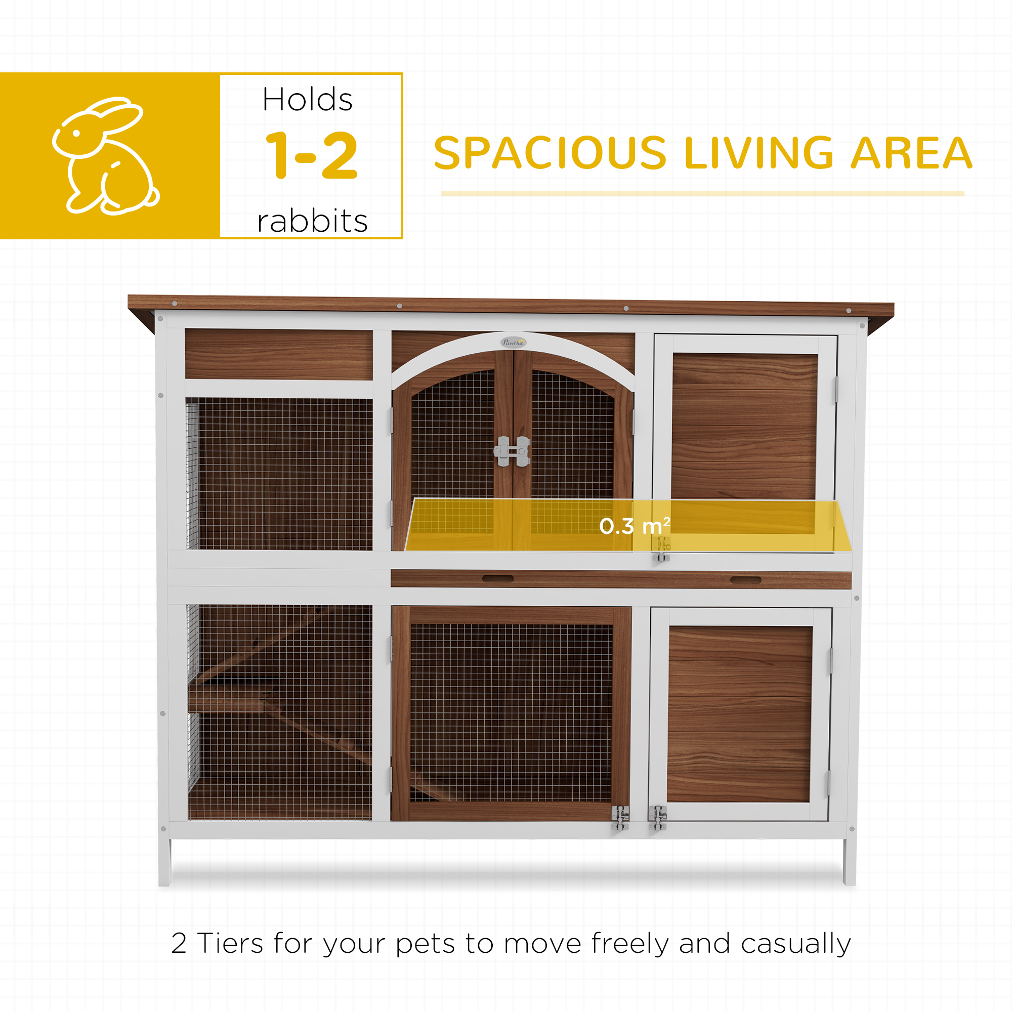 PawHut Two-Tier Wooden Pet Hutch with Openable Roof, Slide-Out Tray 4