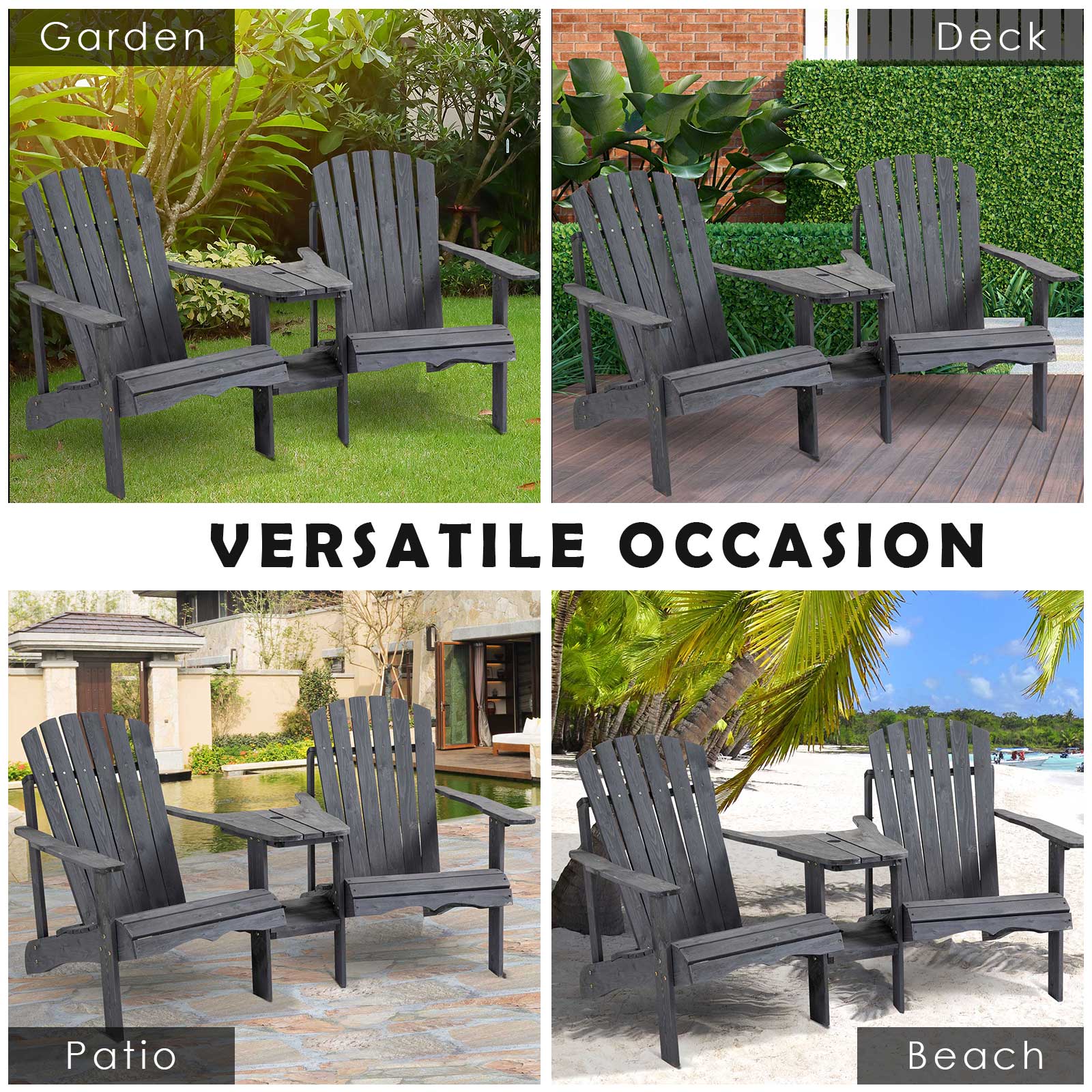 Outsunny Wooden Outdoor Double Adirondack Chairs Loveseat w/ Centre Table and Umbrella Hole, Garden Patio Furniture for Lounging and Relaxing, Dark Grey 7