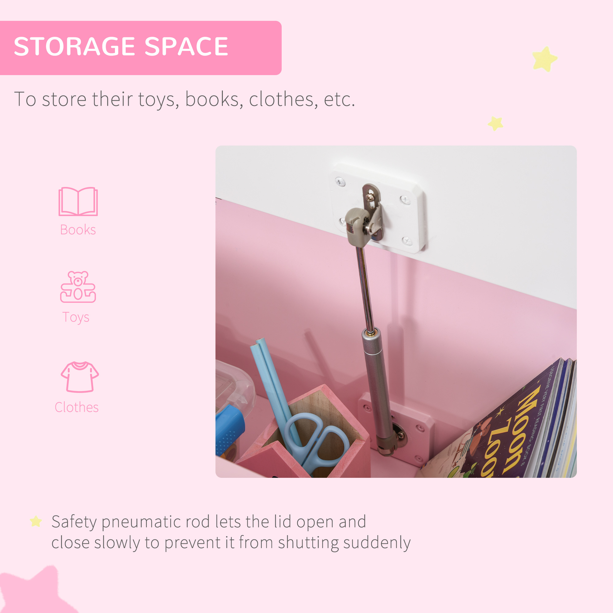 HOMCOM 2 In 1 Wooden Toy Box, Seat Storage Bench, Storage Chest Cabinet Organiser with Safety Pneumatic Rod, Pink 4