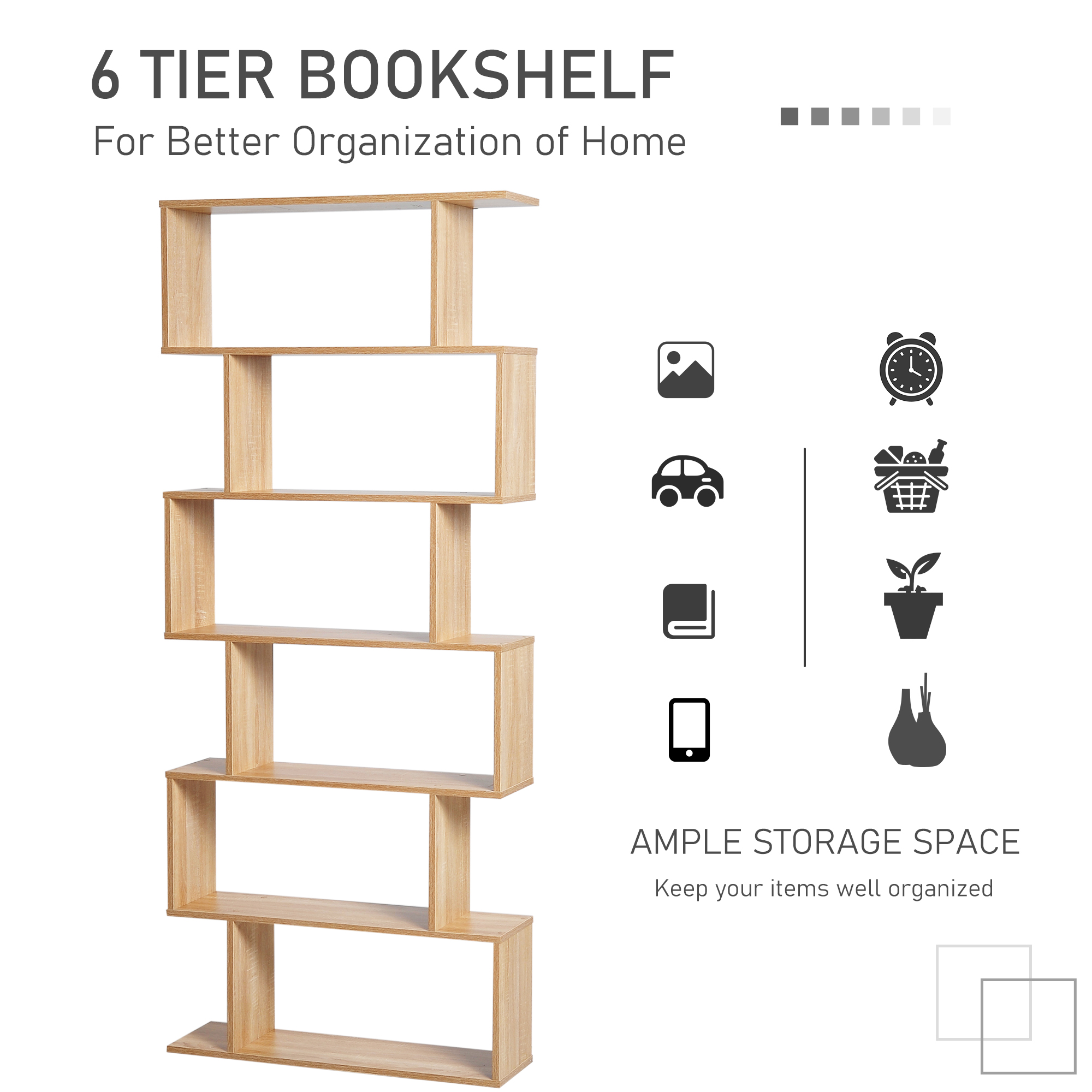 HOMCOM Bookcase, 6 Tier Shelf S Shaped Bookshelf, Storage Unit, Display Shelf for Living Room, Bedroom, Home Office, Plant, Oak 5