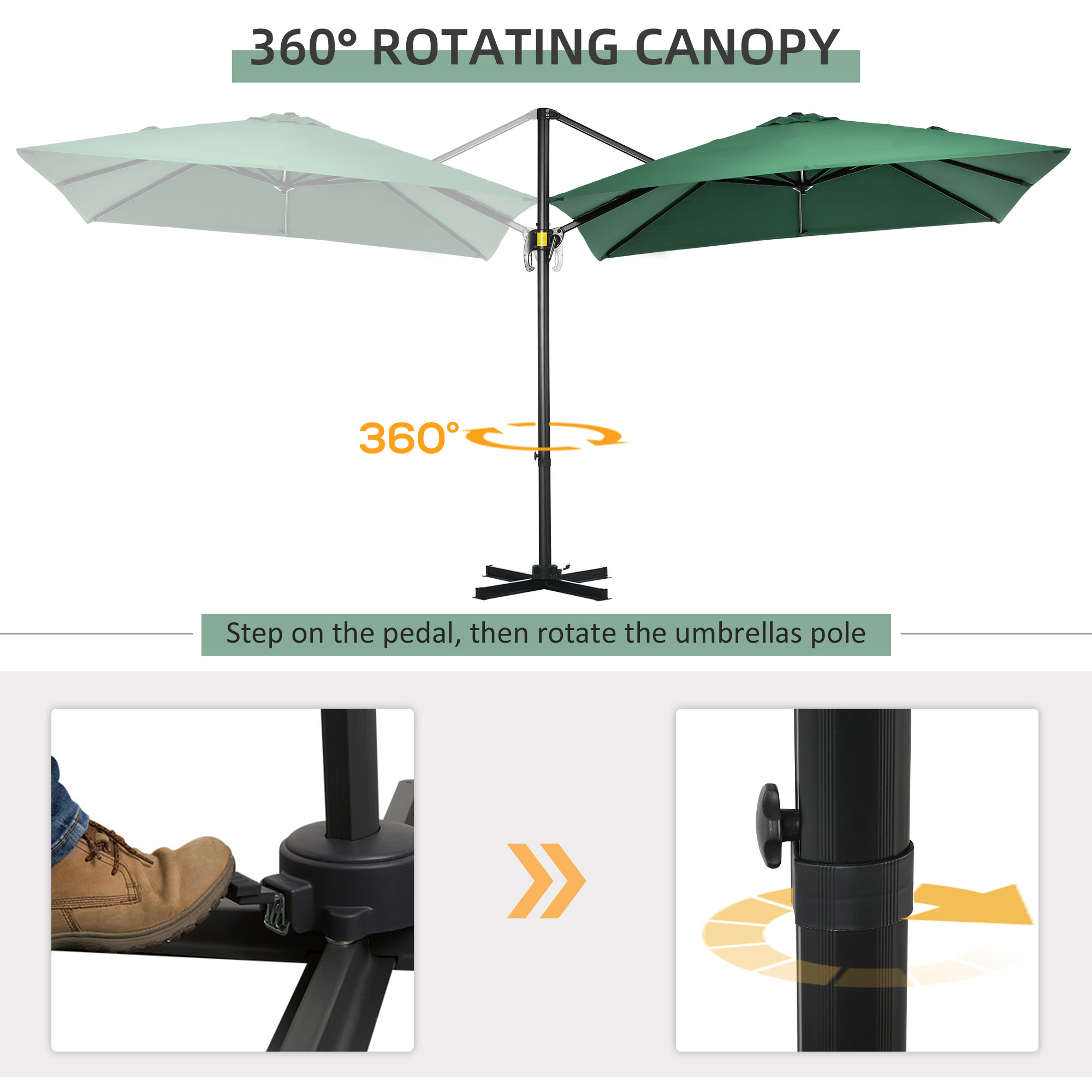 Outsunny Square Umbrella Parasol W/360° Rotation, 245Lx245Wx248H cm-Green 4