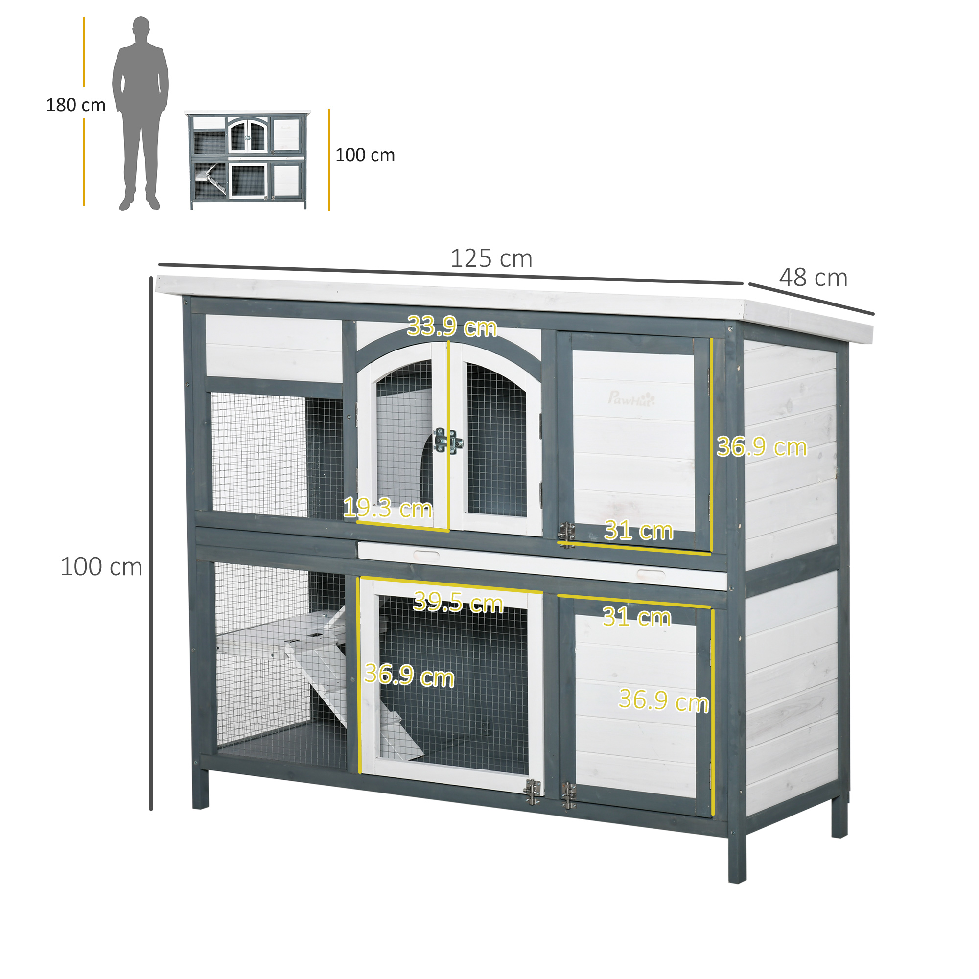 PawHut Rabbit Hutch Outdoor Guinea Pig Hutch 2 Tier Wooden Cage w/ Ramp, Divider, Openable Roof, 125 x 48 x 100cm Grey 3