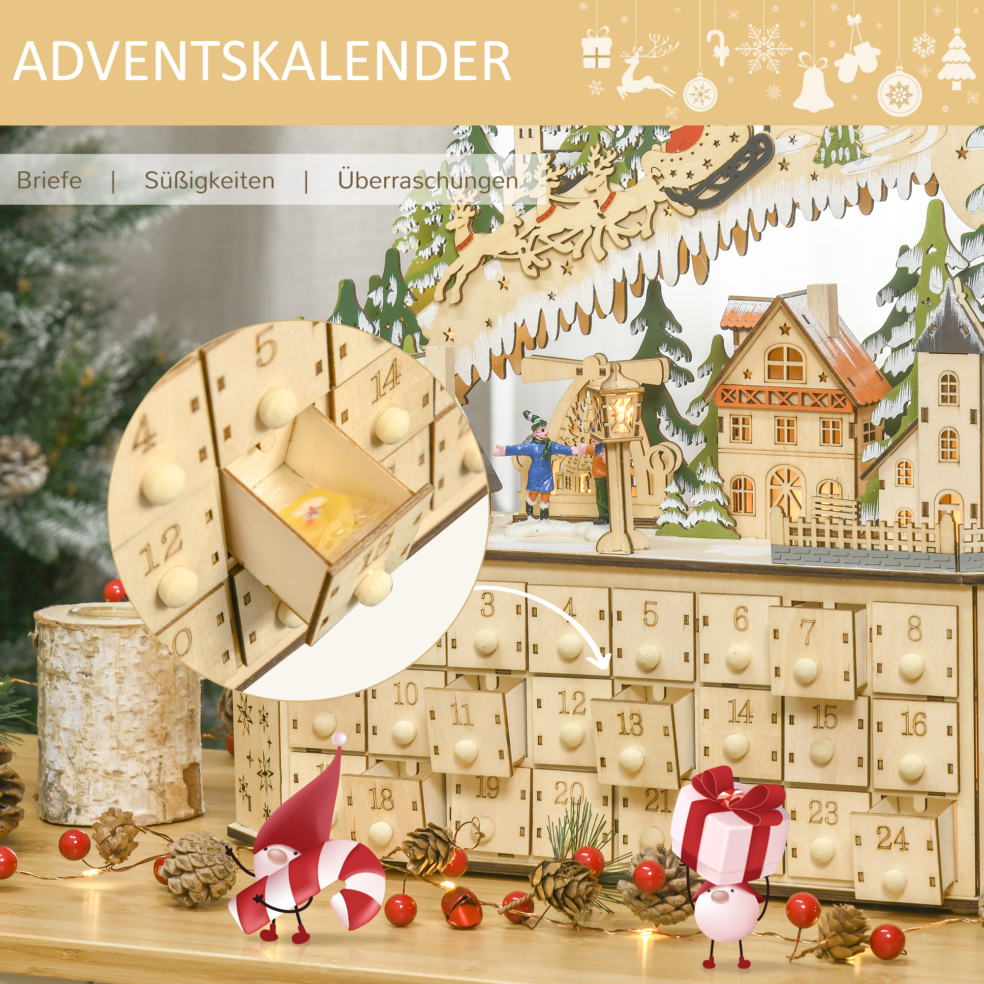 Advendikalender jõulukaunistus, 24 sahtliga, LED-tuled, 39 cm x 9 cm x 42 cm, valge + roheline