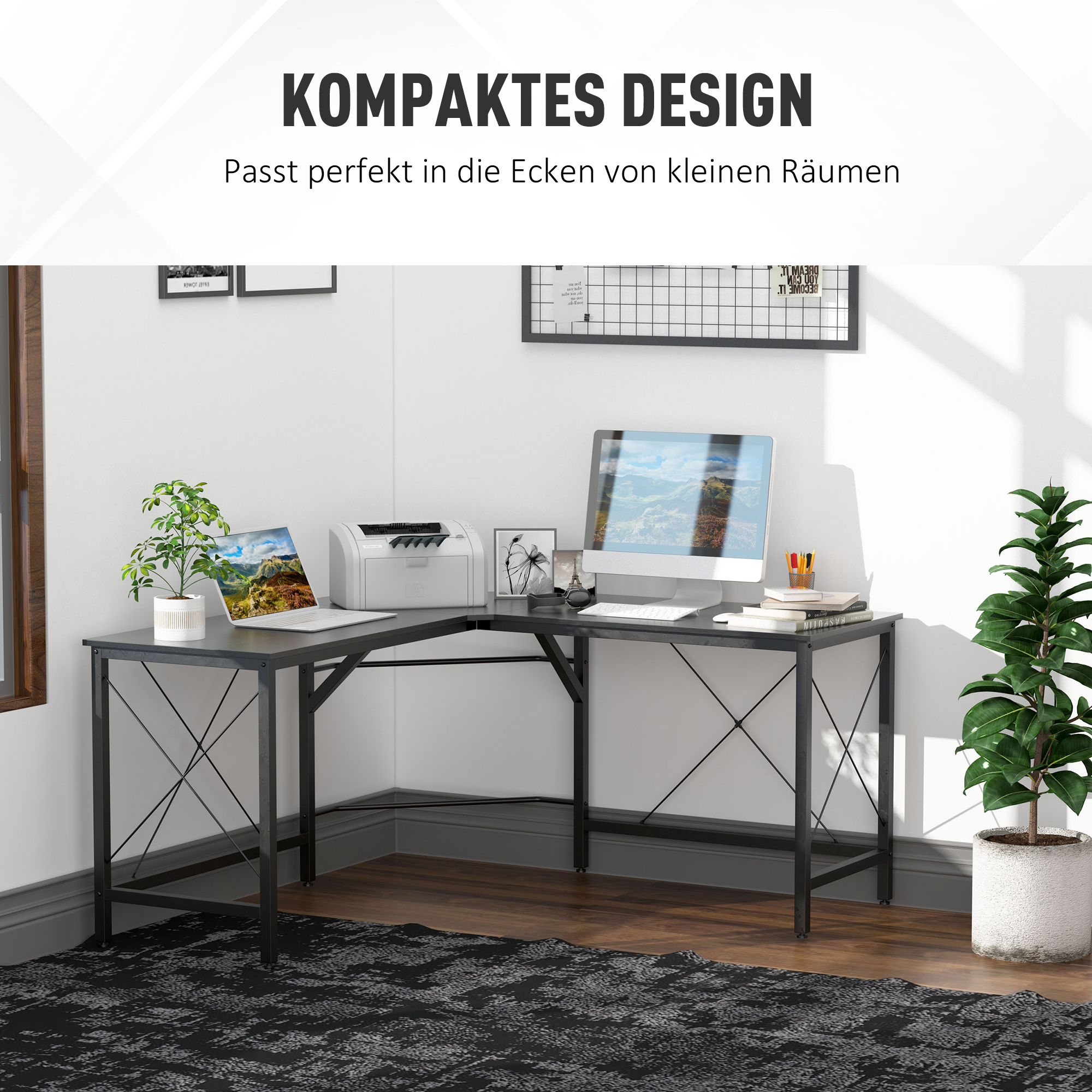 Arvutilaud, L-kujuline nurgalaud, nurga all olev laud, MDF, must, 150 x 150 x 76 cm