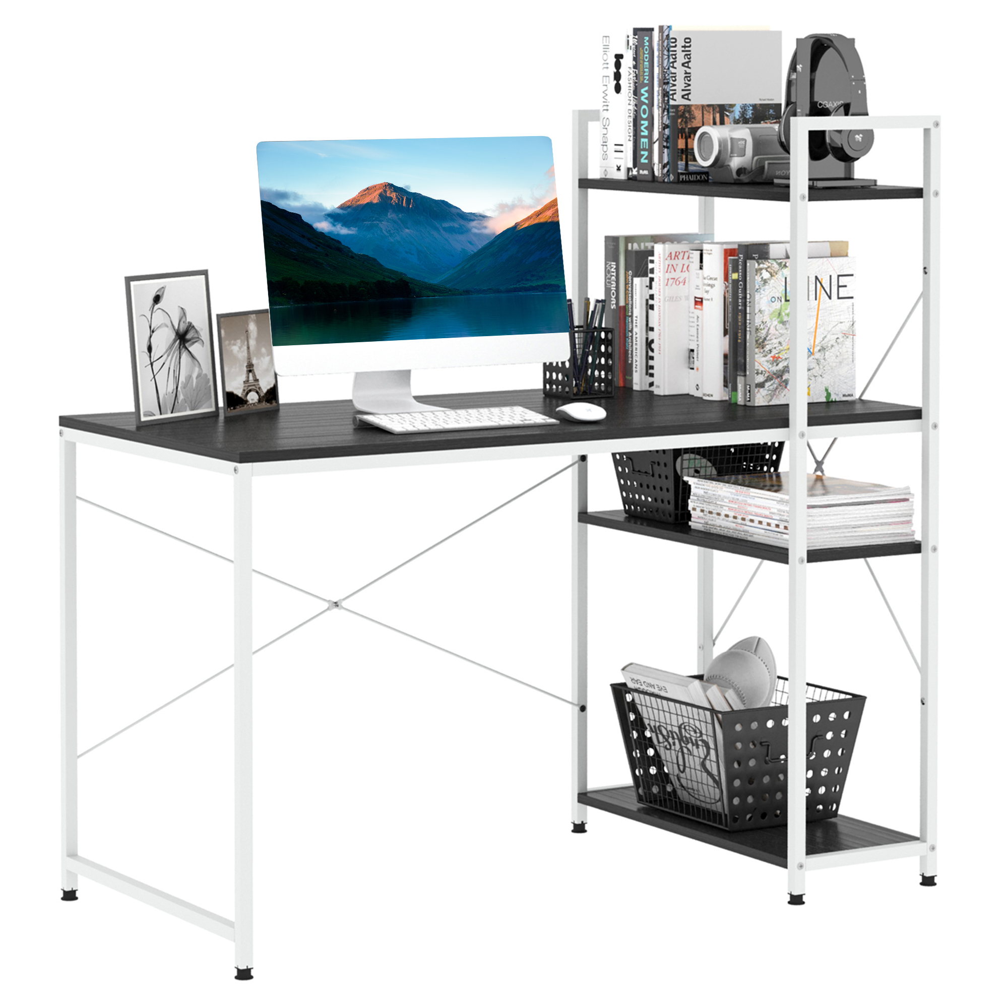 Product photograph of Homcom Workstation Wonder 4-tier Bookshelf Sturdy Metal Frame Wooden Desktop Home Office Companion Black White Aosom Uk from Aosom UK