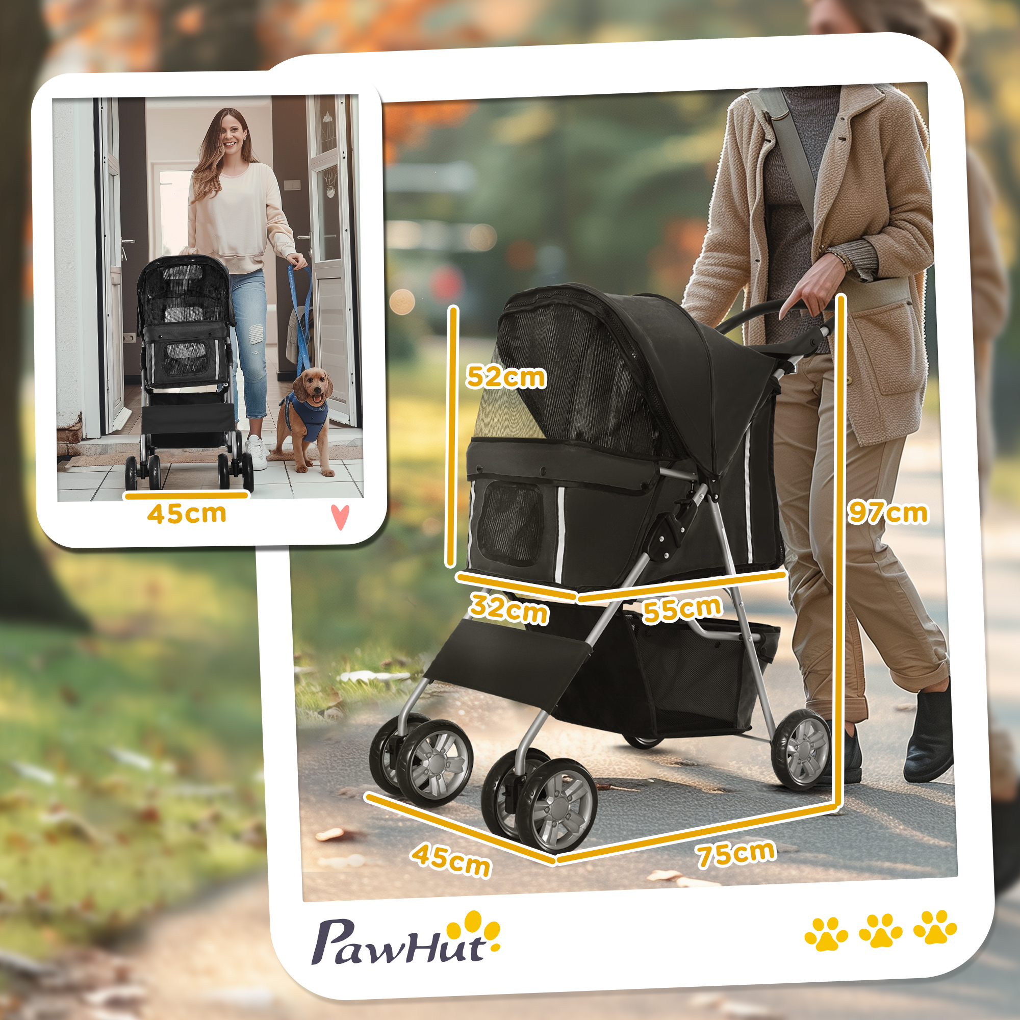 PawHut Pet Stroller for Small Miniature Dogs Cats Foldable Travel Carriage with Wheels Zipper Entry Cup Holder Storage Basket Black 3
