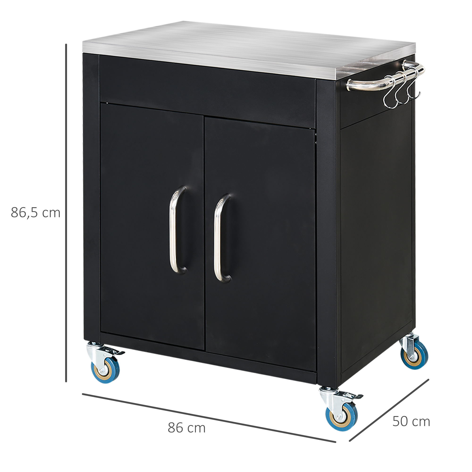 Köögikäru ratastega, serveerimiskäru, rullkäru kapiga, konksude ja roostevabast terasest käepidemetega, Kitchen Aid, roostevabast terasest BBQ-grilllaud, köögikäru, 86 x 50 x 86,5 cm, must