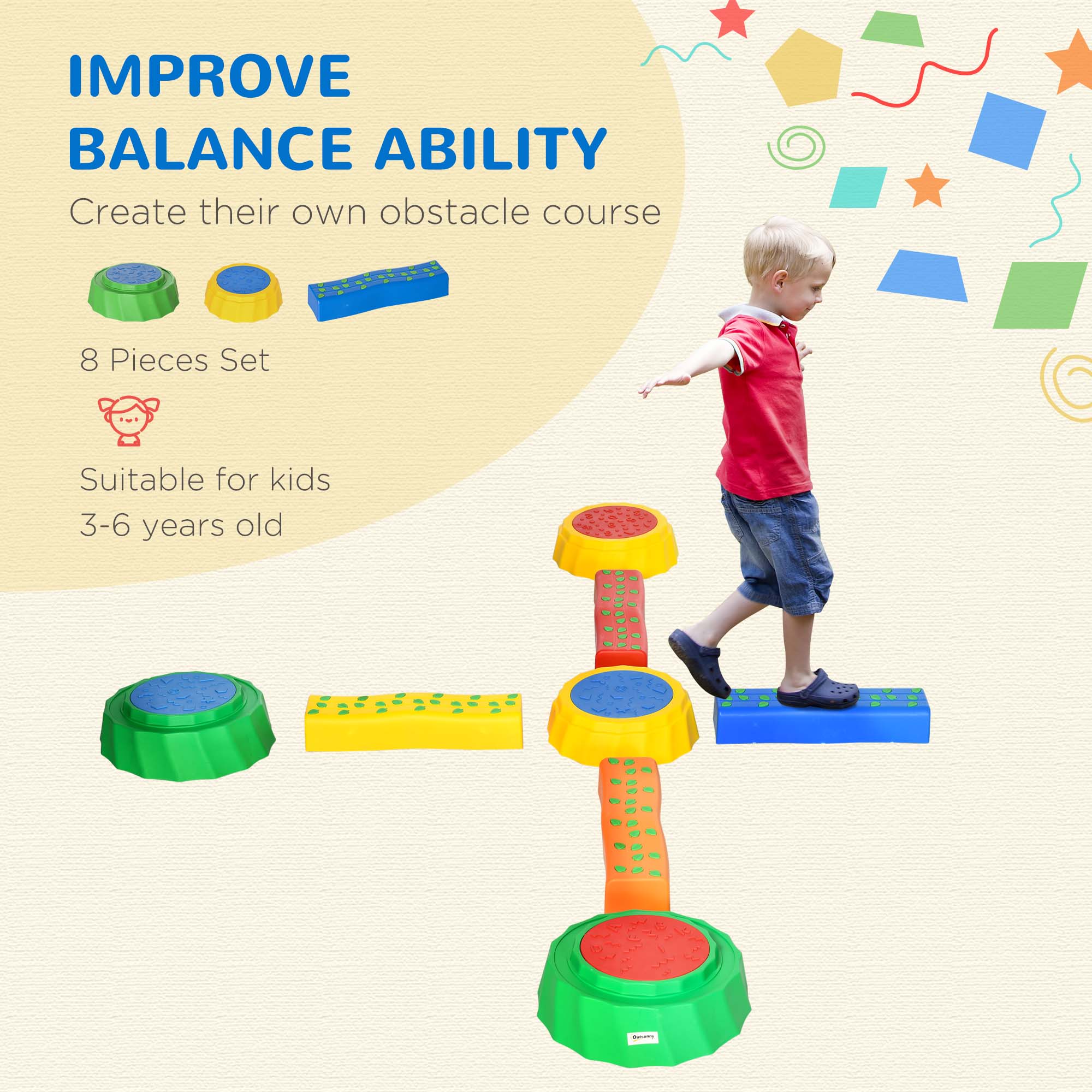 Outsunny Eight-Piece Kids Stepping Stones, with Non-Slip Surface & Bottom, for Toddlers Multicoloured 5