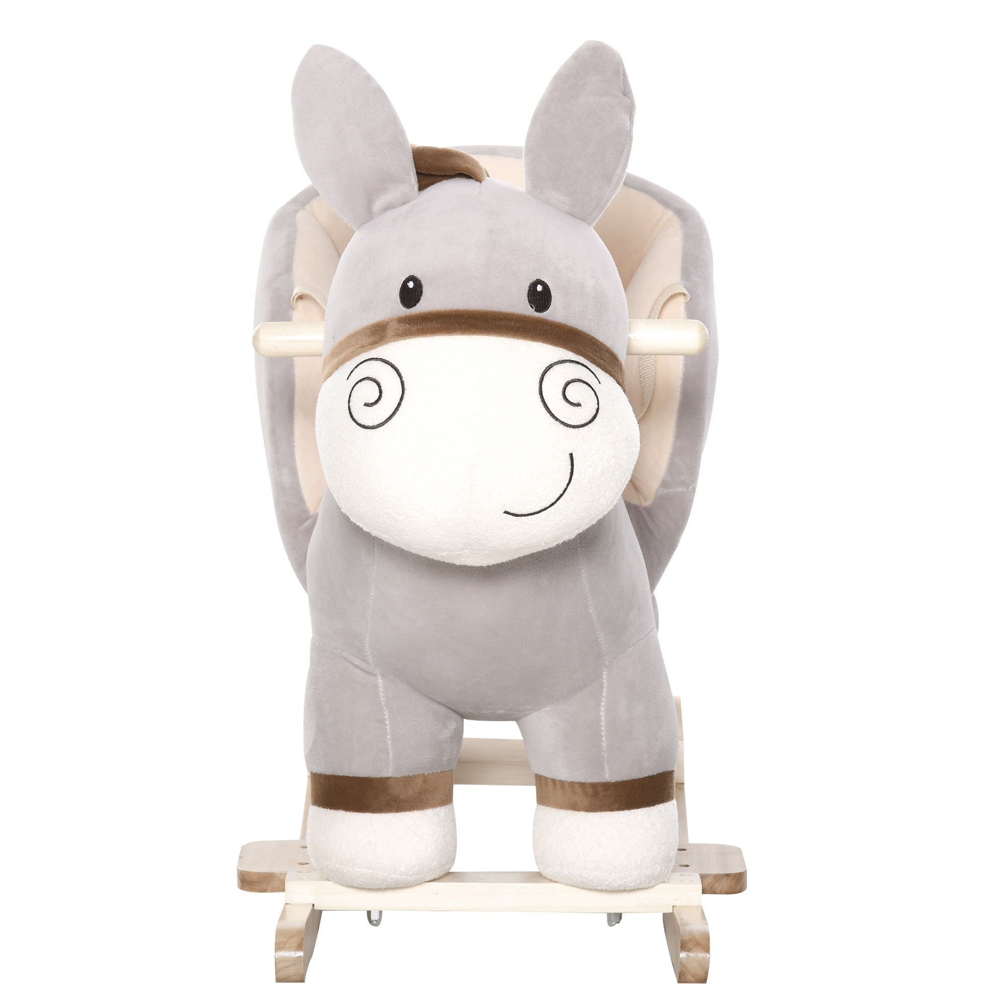 Caballito Balancín De Asno Para Bebés +18 Meses – Con Cinturón De Seguridad, Manillar Y Reposapiés, Base De Madera Y Felpa Suave (Gris, 61x34x58 Cm)